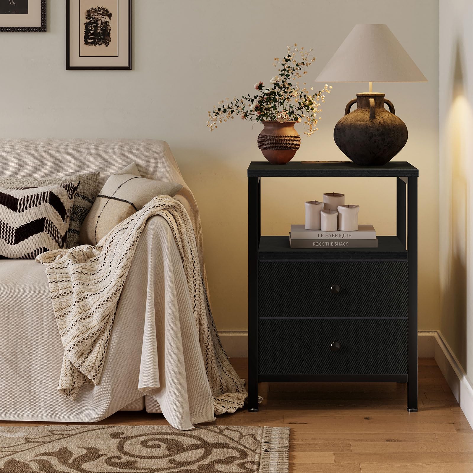 Modern Black Nightstand Set of 2 with USB Charging Station & Drawers - Bedroom End Tables for Dorm, Apartment & Master Bedroom - Perfect for Phones, Lamps & Bedside Storage