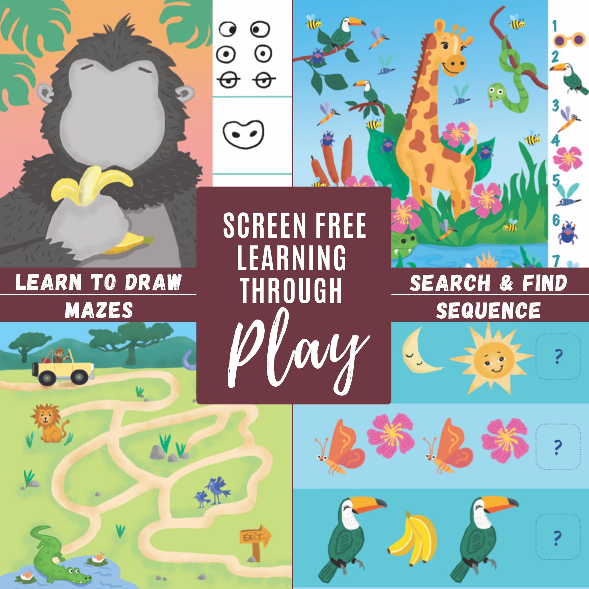 Washable Travel Activity Book for Kids Ages 4-6 | 7x7 Inch Educational Toy with Reusable Stickers & Markers | Car & Airplane Games, Search & Find Learning Activities | Perfect for Road Trips, Flights & Quiet Time (Jungle Theme)