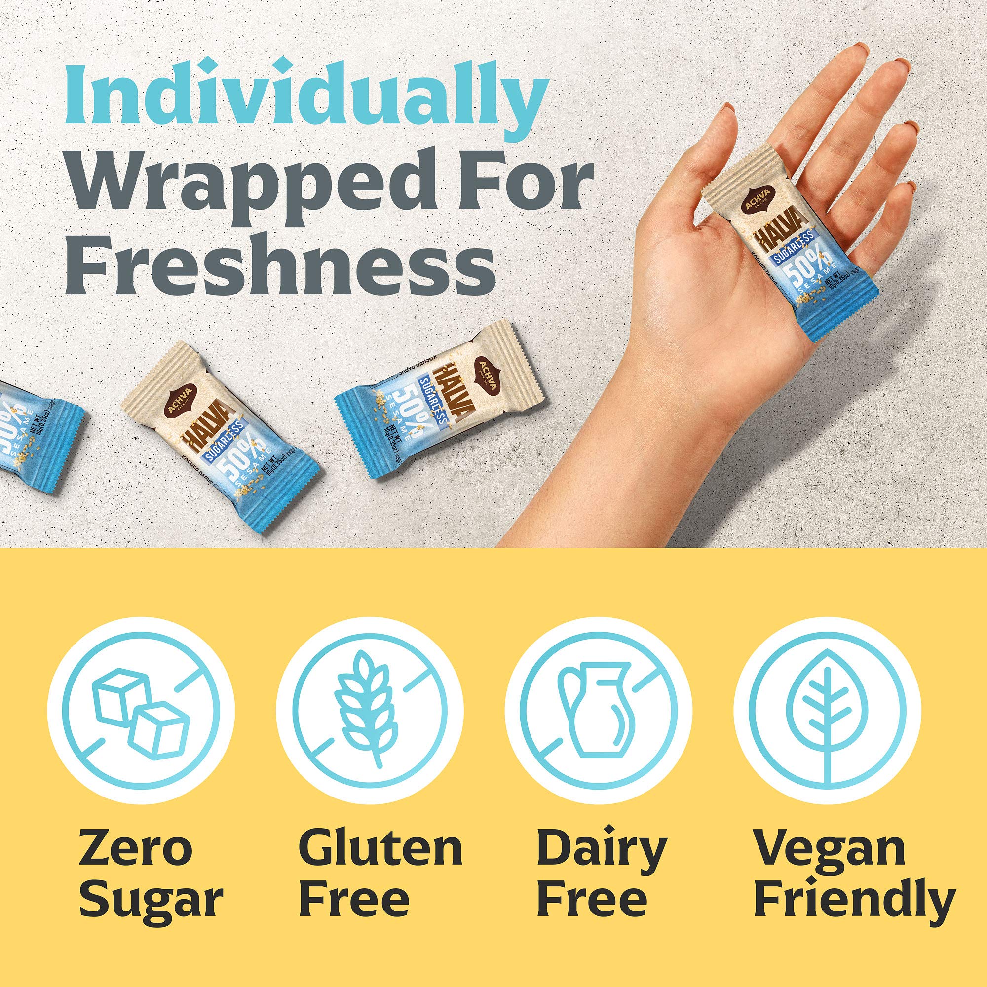 Sugar-Free Halva Tahini Bar Mini Snacks - 15-Pack Vanilla Flavor Halvah Bites | Vegan, Gluten-Free, Kosher, Lactose-Free Snacks by Achva (12g Each) | Perfect for On-the-Go, Office Snacks & Healthy Desserts