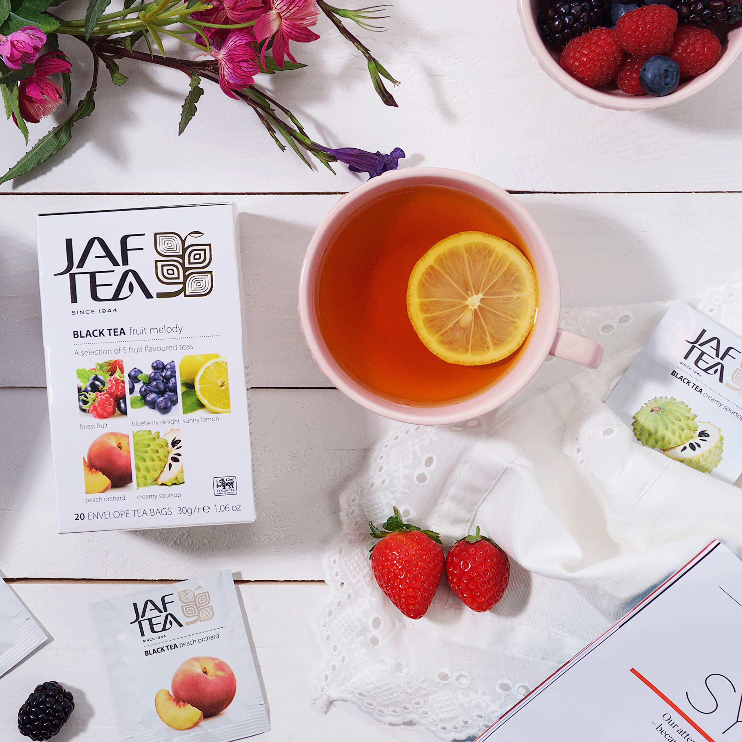 JAF TEA - Premium Black Tea Fruit Melody Blend | 5 Natural Fruit Flavors | 6 Boxes (120 Tea Bags) | Hot or Iced Tea | Perfect for Afternoon Tea, Office Break & Relaxation
