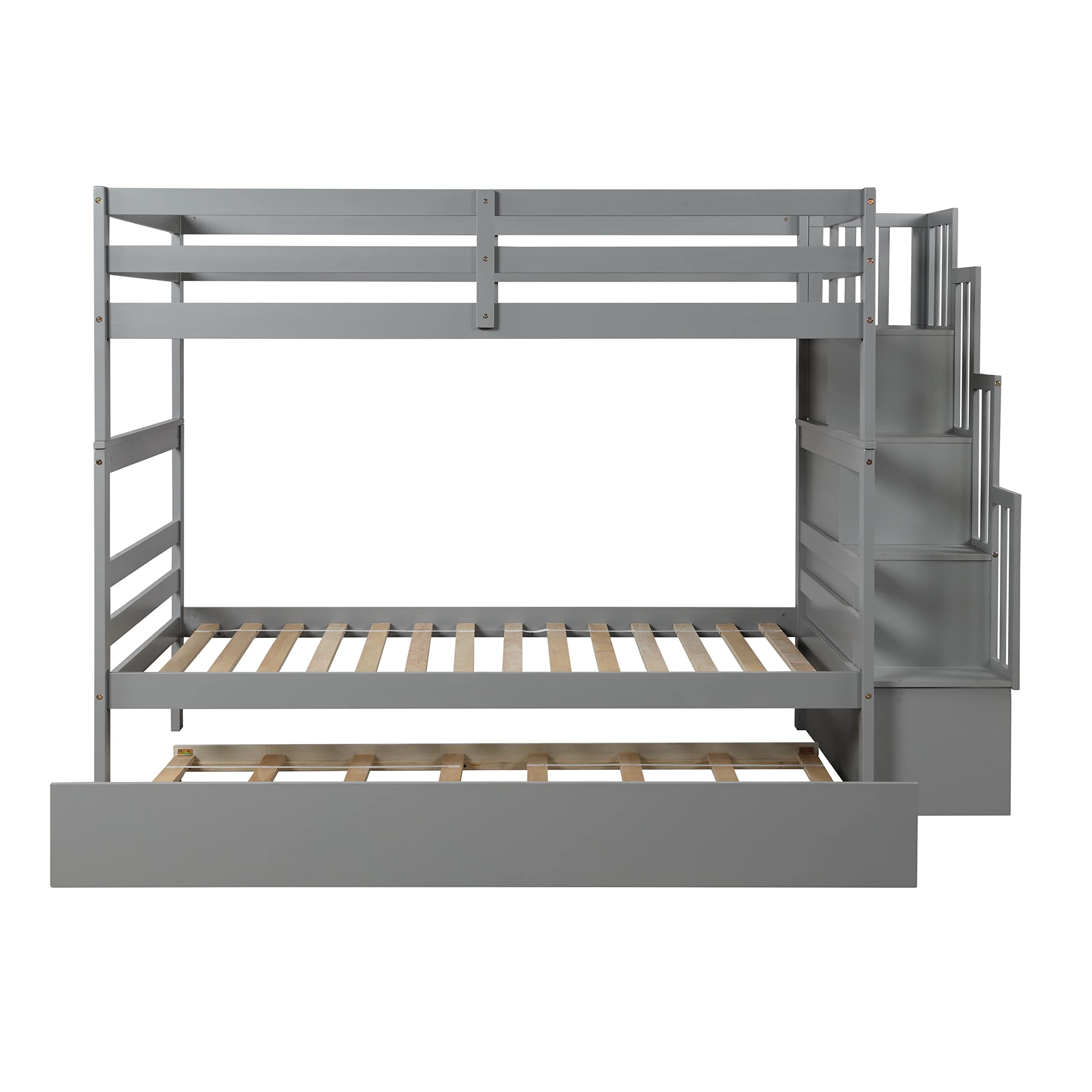 Harper & Bright Designs Twin Over Twin Bunk Bed with Trundle, Storage Shelf & Staircase - Solid Wood Bunk Bed for Kids, Teens & Adults - Space Saving Bedroom Furniture for Small Rooms & Guest Rooms (Grey, Twin/Twin)