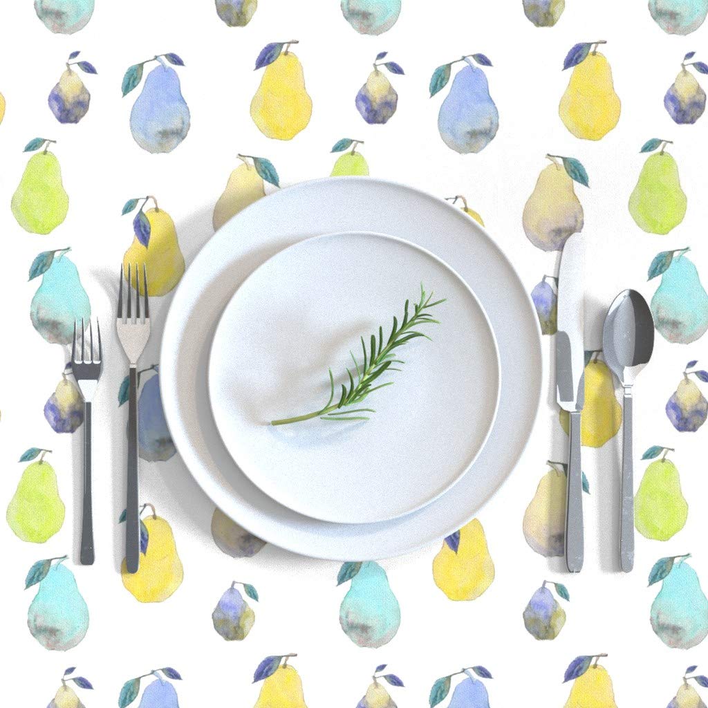 Custom Blue & Yellow Watercolor Pear Print Cotton Sateen Tablecloth 70x144 Inches - Midcentury Modern Kitchen Decor for Autumn & Fall Dining, Parties, and Holiday Gatherings