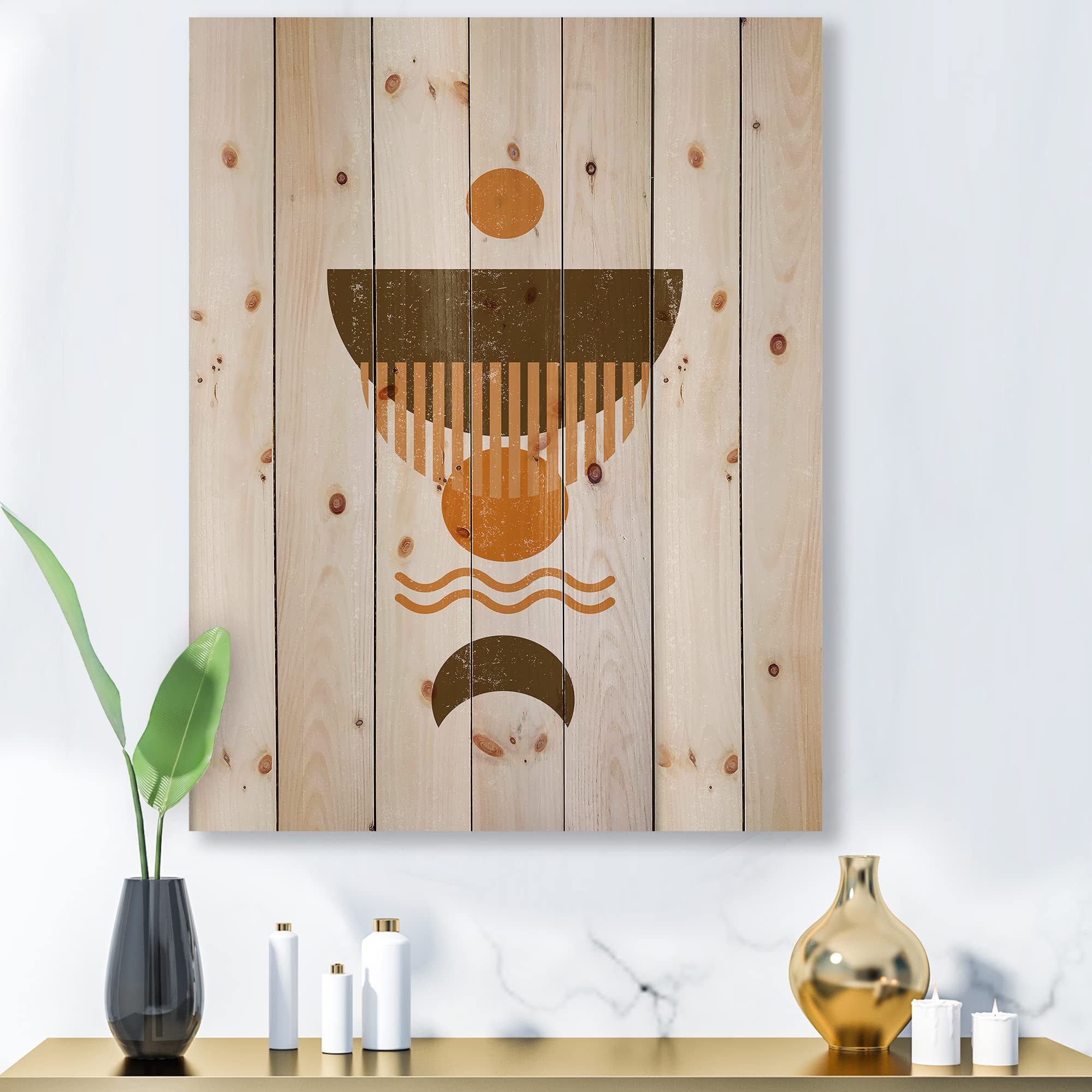 Abstract Minimal Orange Sun & Brown Moon Modern Wood Wall Art - Large Geometric Pine Wood Wall Decor for Living Room, Bedroom & Office