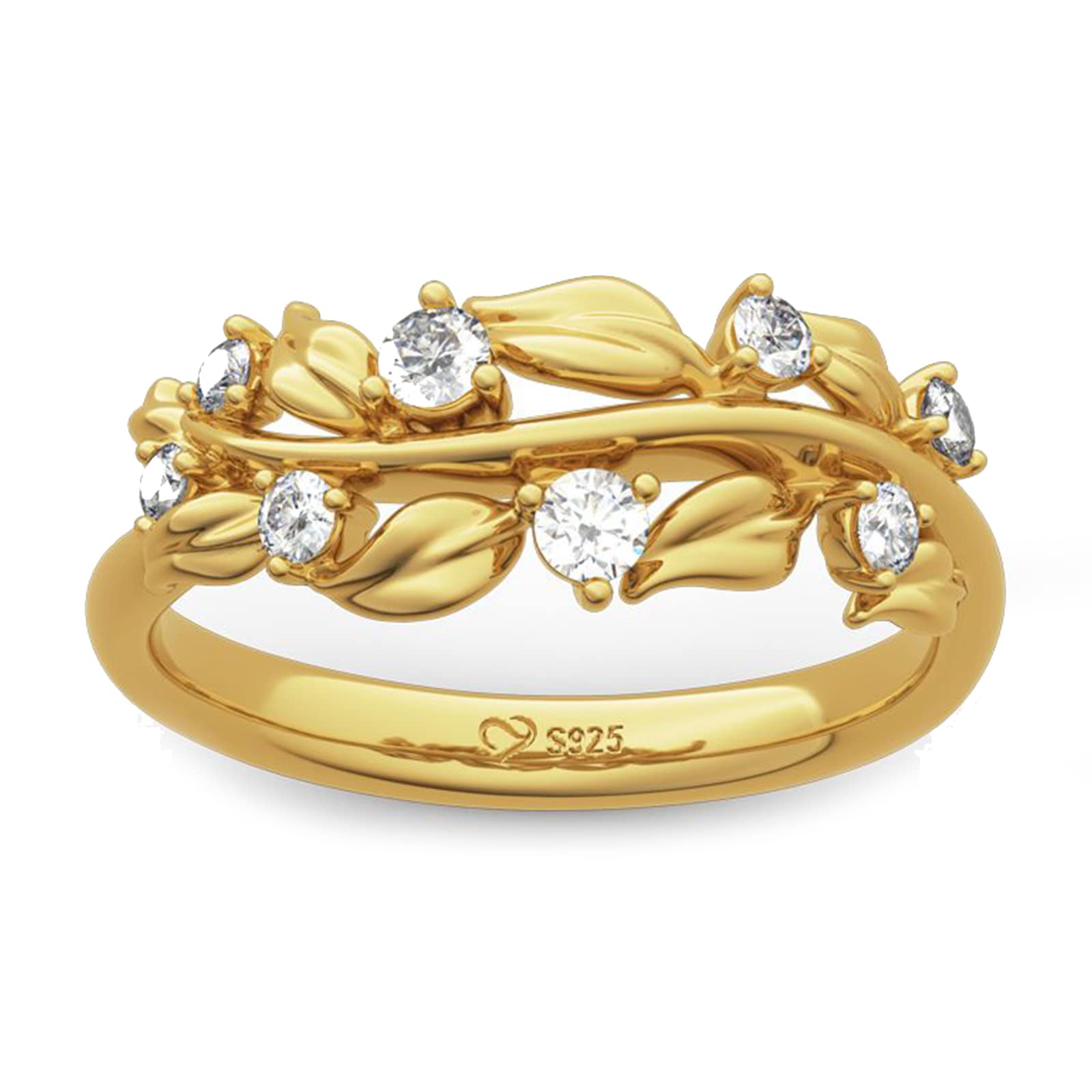 Jeulia Sterling Silver Olive Branch Band Ring for Women - Round Cut Leaf Promise Ring in Gold Tone with Diamond Accents, Nature-Inspired Wedding Band for Anniversary & Engagement - Perfect Gift with Jewelry Box (Ideal for Romantic Occasions, Proposals & Everyday Elegance)