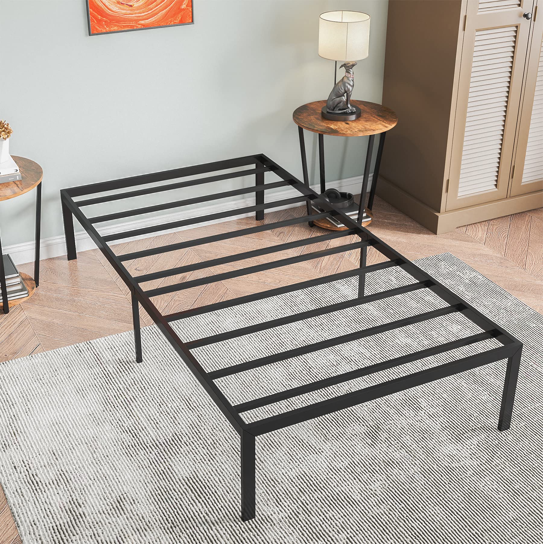 14 Inch Twin Metal Bed Frame with Storage - Heavy Duty Steel Slat Platform Bed, No Box Spring Needed, Anti-Slip Support & Quick Lock Assembly - Perfect for Small Spaces, Guest Rooms & Dormitories