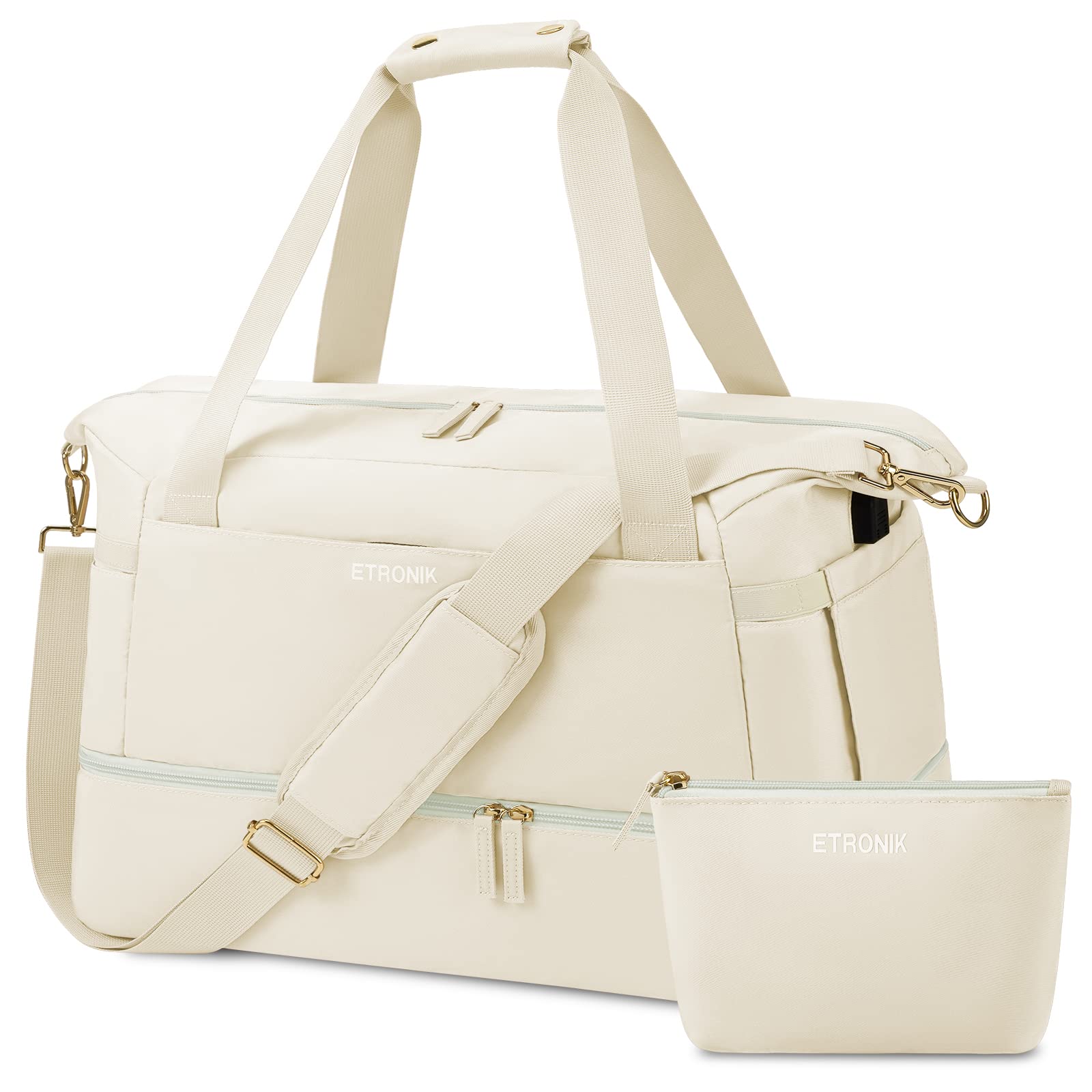 **Women's Large Weekender Bag with Shoe Compartment & USB Charging Port - Gym, Travel, Overnight Duffel & Hospital Bag with Wet Pocket (Off White) - Perfect for Weekend Getaways, Workouts & Business Trips**