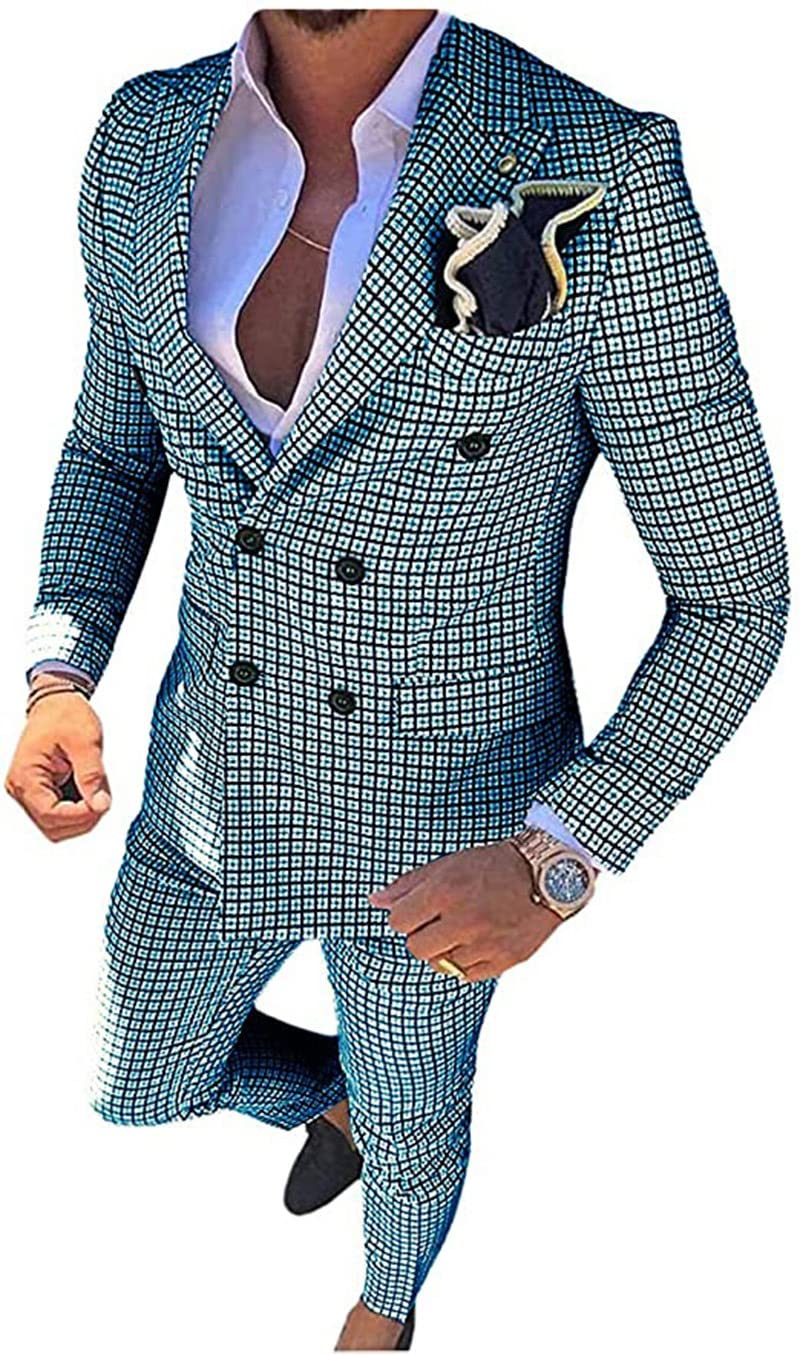 Men's Slim Fit Double Breasted Plaid Suit Set - 2 Piece Casual Blazer & Pant for Wedding Groomsmen | Perfect for Formal Events, Business Meetings & Special Occasions