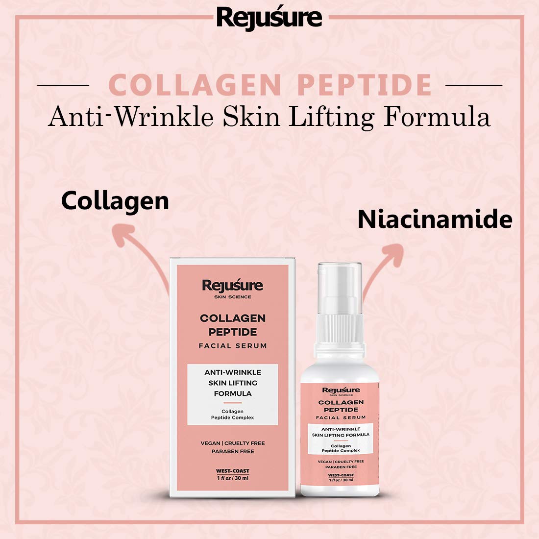 Rejusure Collagen Peptide Face Serum for Enhanced Skin Elasticity & Anti-Aging | Reduces Wrinkles & Improves Skin Texture | Deep Hydrating Moisturizer | 30ml Skincare Treatment for Daily Use & Night Routine