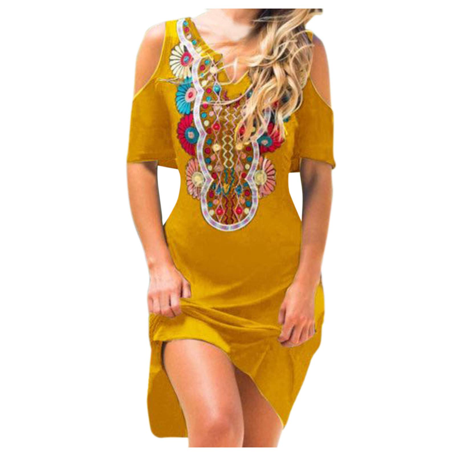 Women's Plus Size Short Sleeve Casual Dress - Floral Print V-Neck Dew Shoulder Comfortable Summer Dress for Outdoor Parties, Beach Vacations & Daily Wear