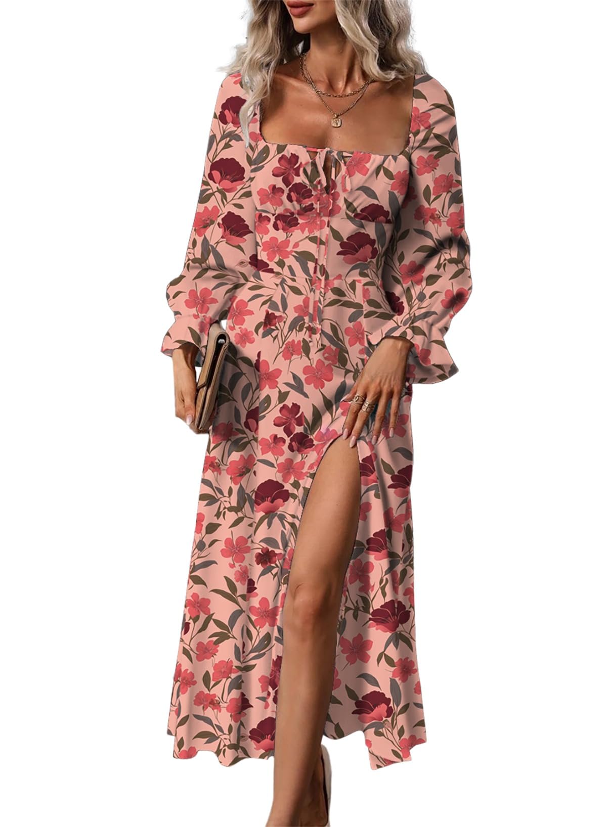 BLENCOT Women's Floral Print Puff Sleeve Maxi Dress - Sexy Square Neck Tie Front Ruffle Hem Split A-Line Summer Beach Dress for Vacation, Party & Date Night
