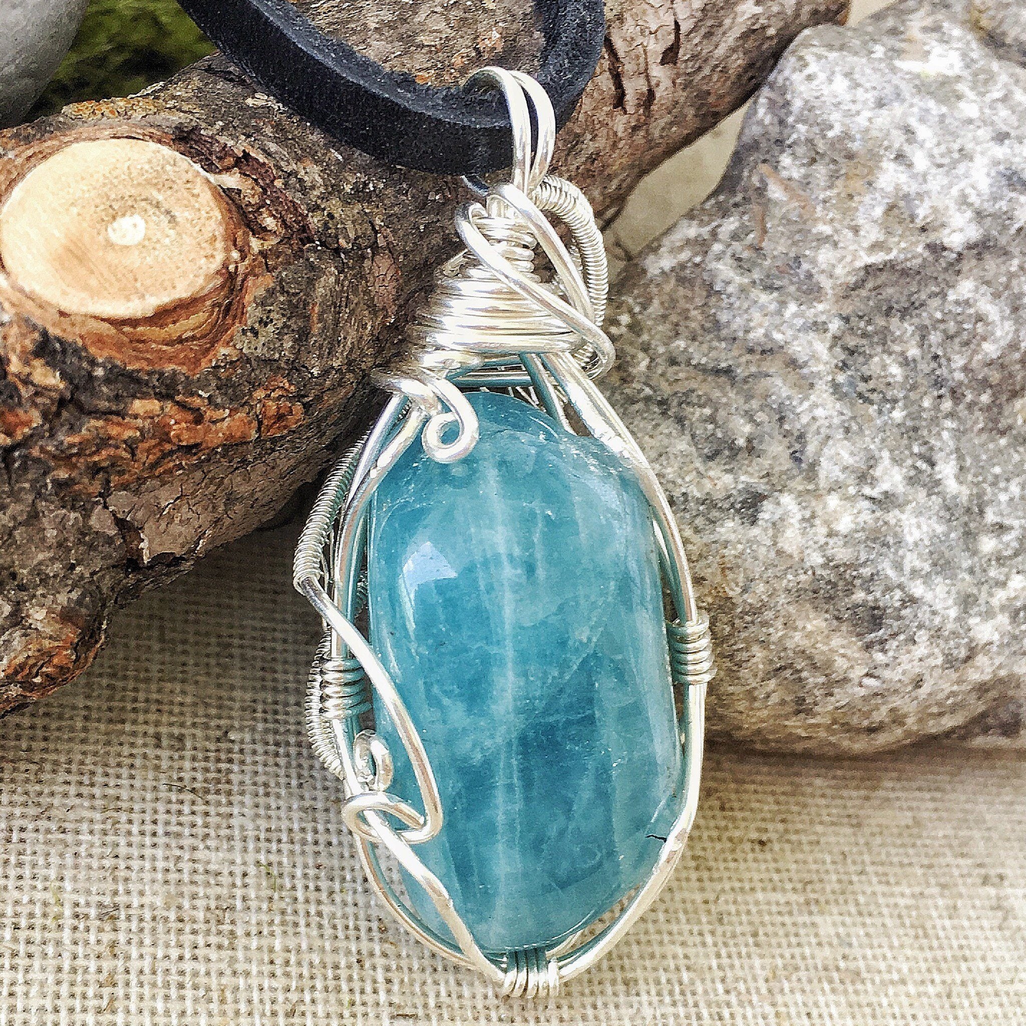 Sterling Silver Wire Wrapped Aquamarine Pendant Necklace for Men - Elegant Gemstone Jewelry Gift for Birthday, Anniversary & Special Occasions