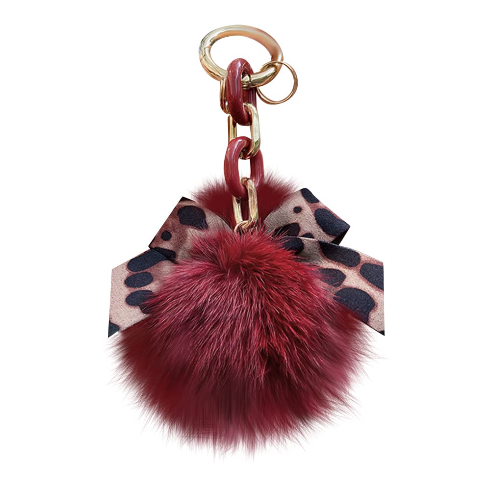 Zcargel Plush Keychain - Fluffy Faux Fur Pompom Key Ring with Leopard Print & Bowknot, Cute Animal Keychain for Women & Girls - Perfect for Handbags, Backpacks, Gifts & Daily Accessories