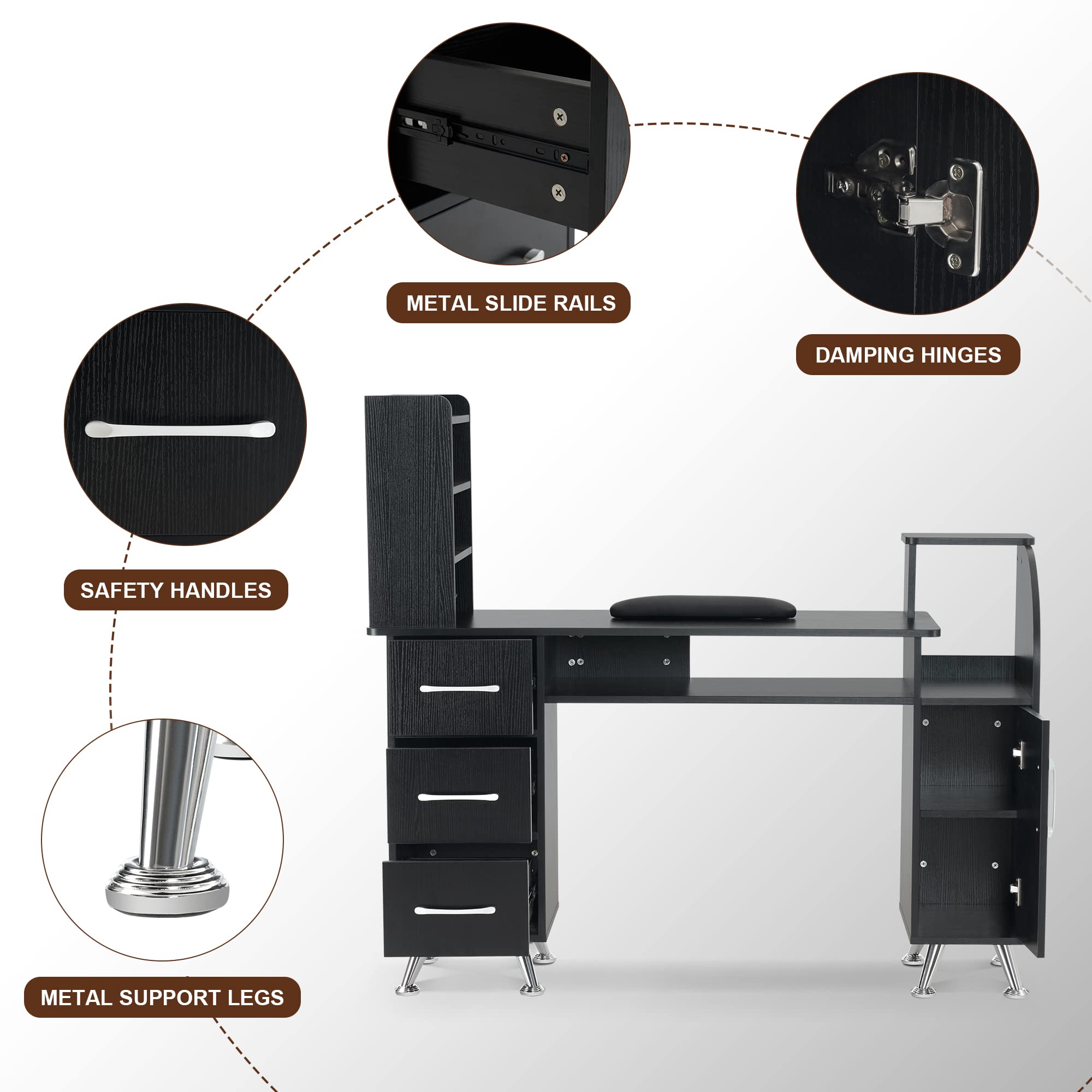 Professional Barber & Salon Manicure Table Makeup Dressing Station with Wrist Cushion - Beauty Workstation Nail Desk with Storage for Salon & Home Use (Black) - Perfect for Nail Technicians, Barbers & Makeup Artists