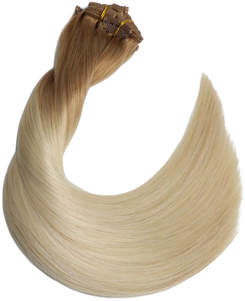 Aison 22 Inch Clip-in Human Hair Extensions - 7pcs 120g Golden Brown to Platinum Blonde Ombre Straight Wefts for Long Thick Hair | Perfect for Parties, Weddings & Daily Styling