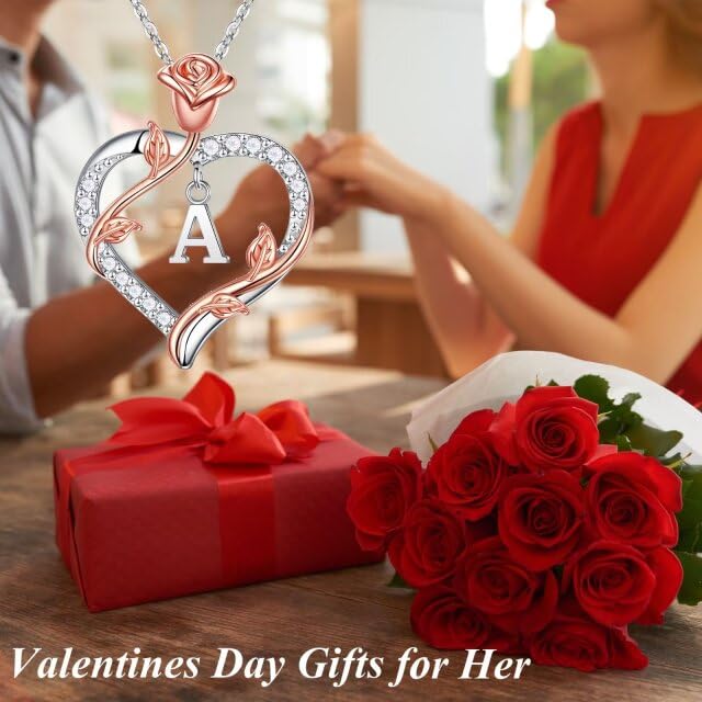 Rose Heart Initial Necklace for Women - 925 Sterling Silver Personalized Jewelry Gift for Wife, Girlfriend, Mom | Anniversary, Birthday, Valentine's Day Present | Perfect for Date Night, Wedding, Mother's Day