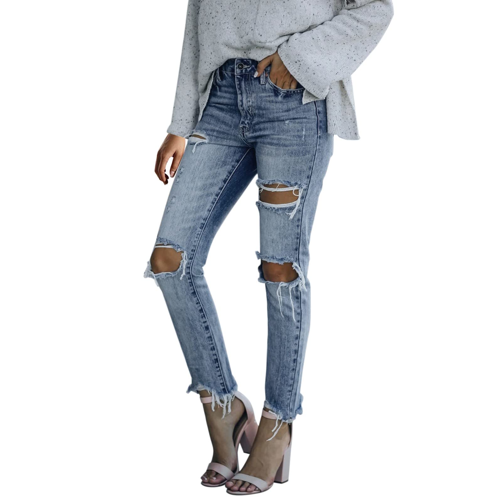 Women's Ripped Distressed Straight Leg Jeans - Slim Fit Bootcut Mid Rise Denim Pants with Pockets | Casual Wear, Street Style & Everyday Outfits