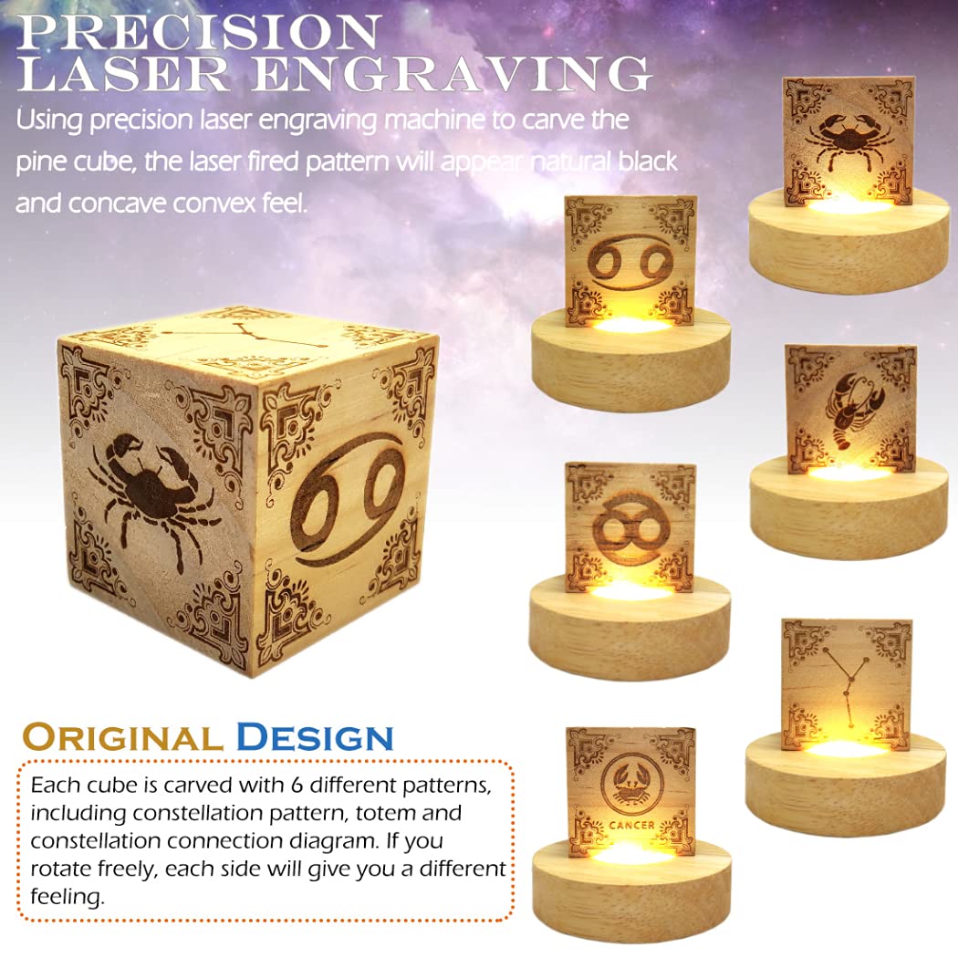 Zodiac Cancer Wooden Desk Lamp - Engraved LED Night Light with Adjustable Brightness for Home Office, Bedside Table & Study Room Decor