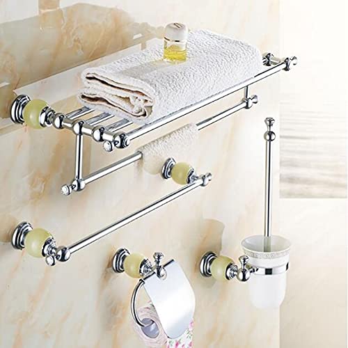 Premium Brass & Jade Bathroom Hardware Set - Towel Bar, Soap Basket, Paper Holder, Towel Rack & Ring - Elegant 5-Hook Bath Accessories for Modern Bathrooms | Perfect for Spa-Style Luxury & Small Space Organization