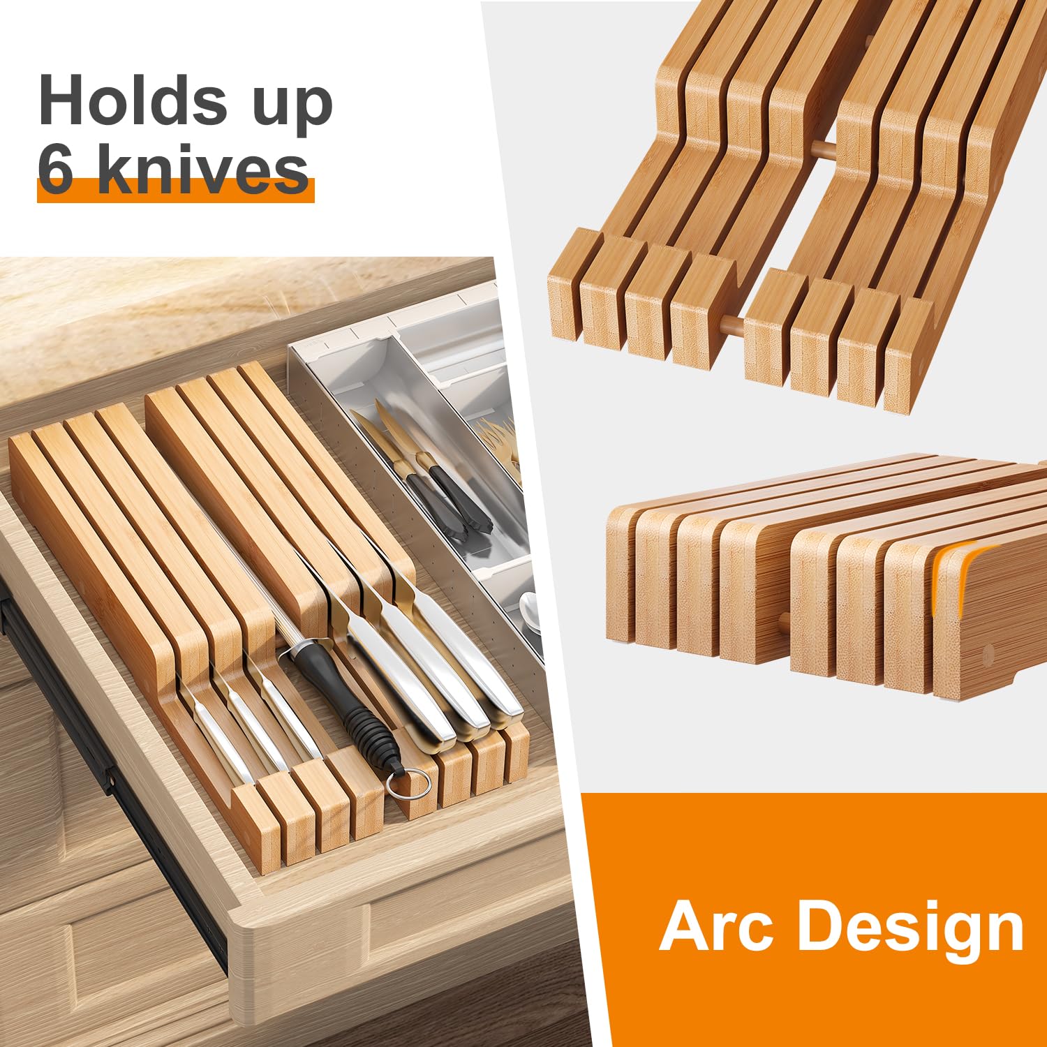 GHWIE Bamboo Knife Organizer for Drawer - 6 Slot Knife Storage Block, Rustic Brown Wooden Knife Holder - Keep Knives Sharp & Safe | Perfect for Kitchen Organization & Knife Protection