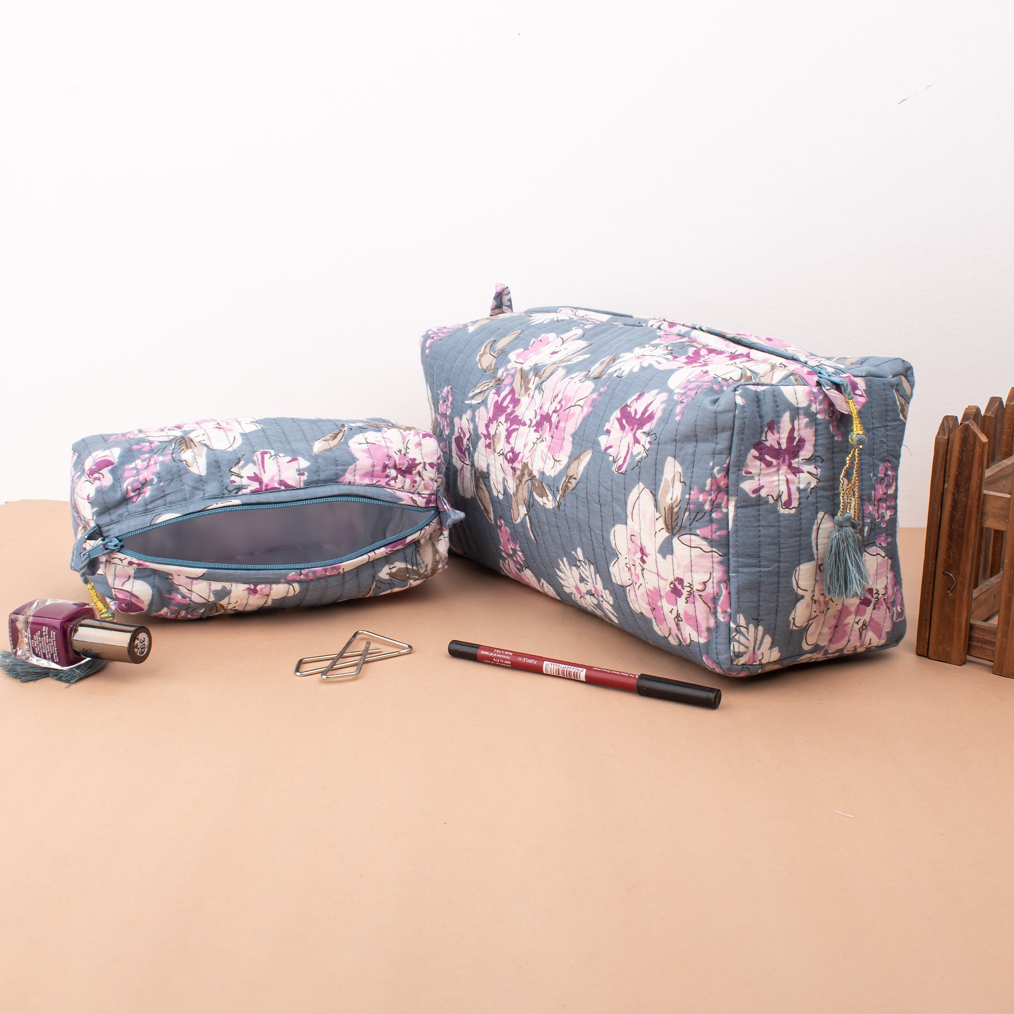 Handmade Cotton Quilted Wash Bag Set of 3 - Traditional Hand Block Print Toiletry Pouch for Travel, Gym & Cosmetics Storage | Eco-Friendly Bathroom Organizer