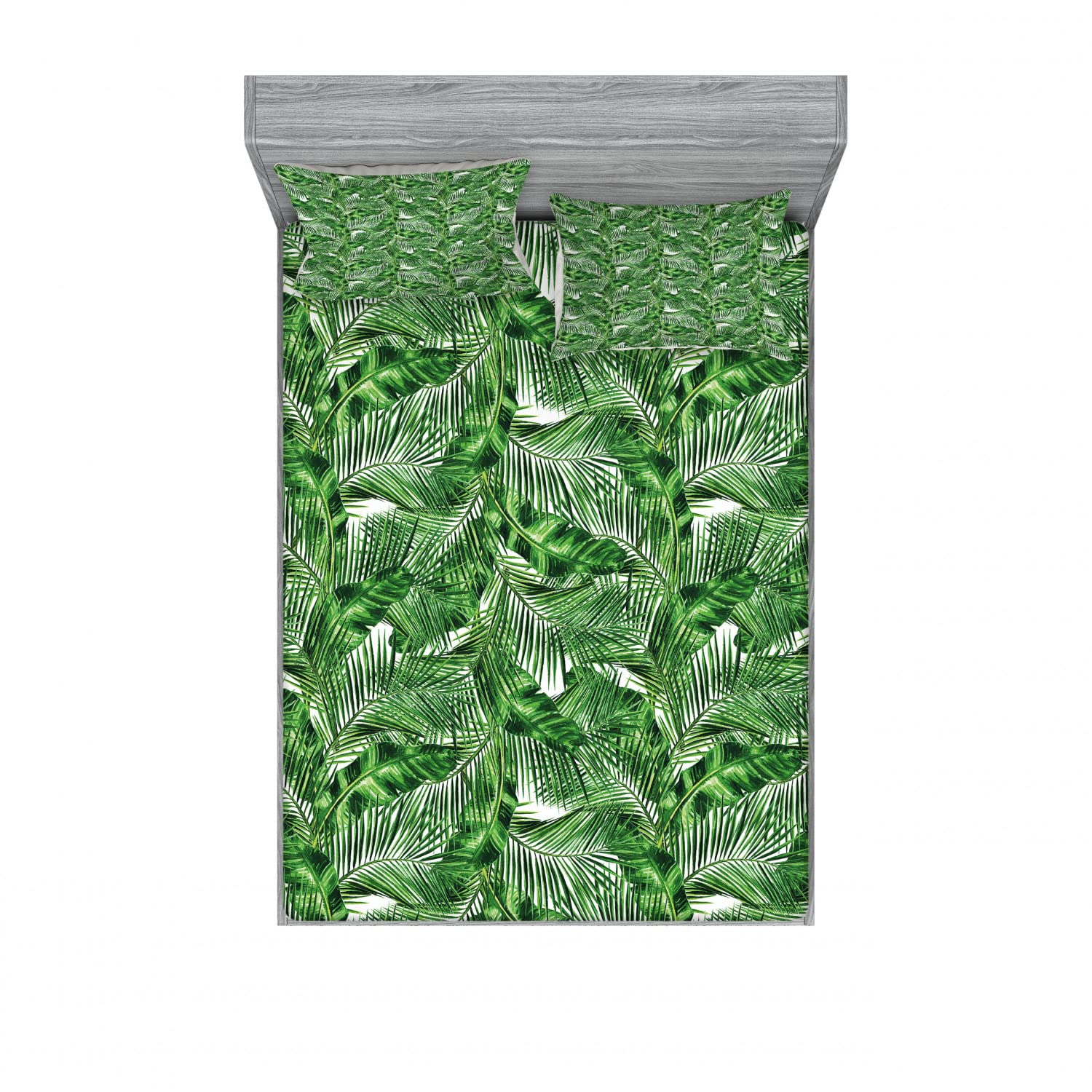 Ambesonne 2-Piece King Size Fitted Sheet Set with 4 Pillow Shams - Tropical Leaf Pattern Bedding in Hunter Green for Master Bedroom & Guest Room Decor