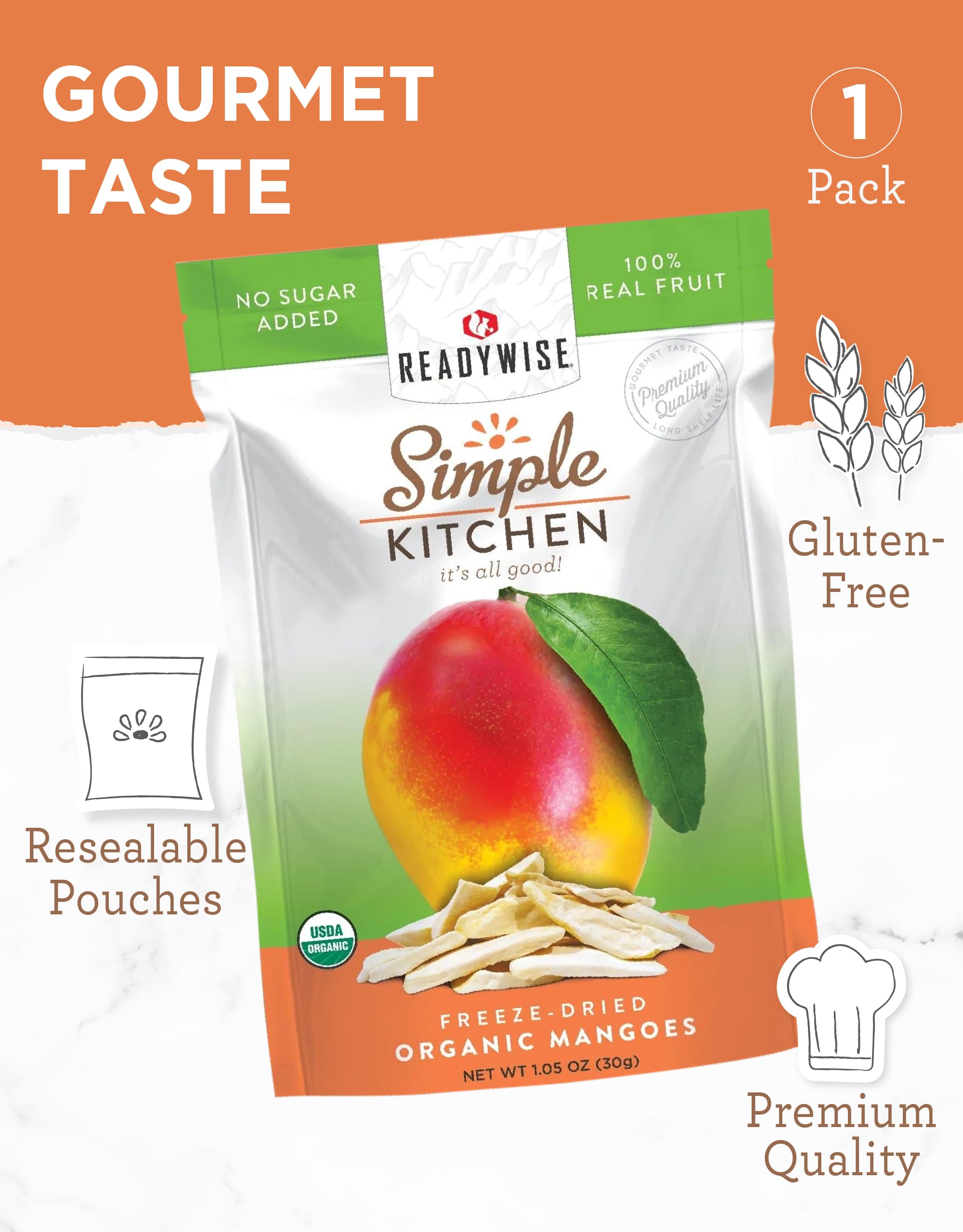 Organic Freeze-Dried Mango Snacks - READYWISE Simple Kitchen | Gluten-Free, Vegan, Non-GMO | 1-Pack Dried Fruit for Pre-Workout, Healthy Eating, Camping, Backpacking & Emergency Survival Food | Perfect for Outdoor Adventures, Office Snacks & Kids Lunchboxes