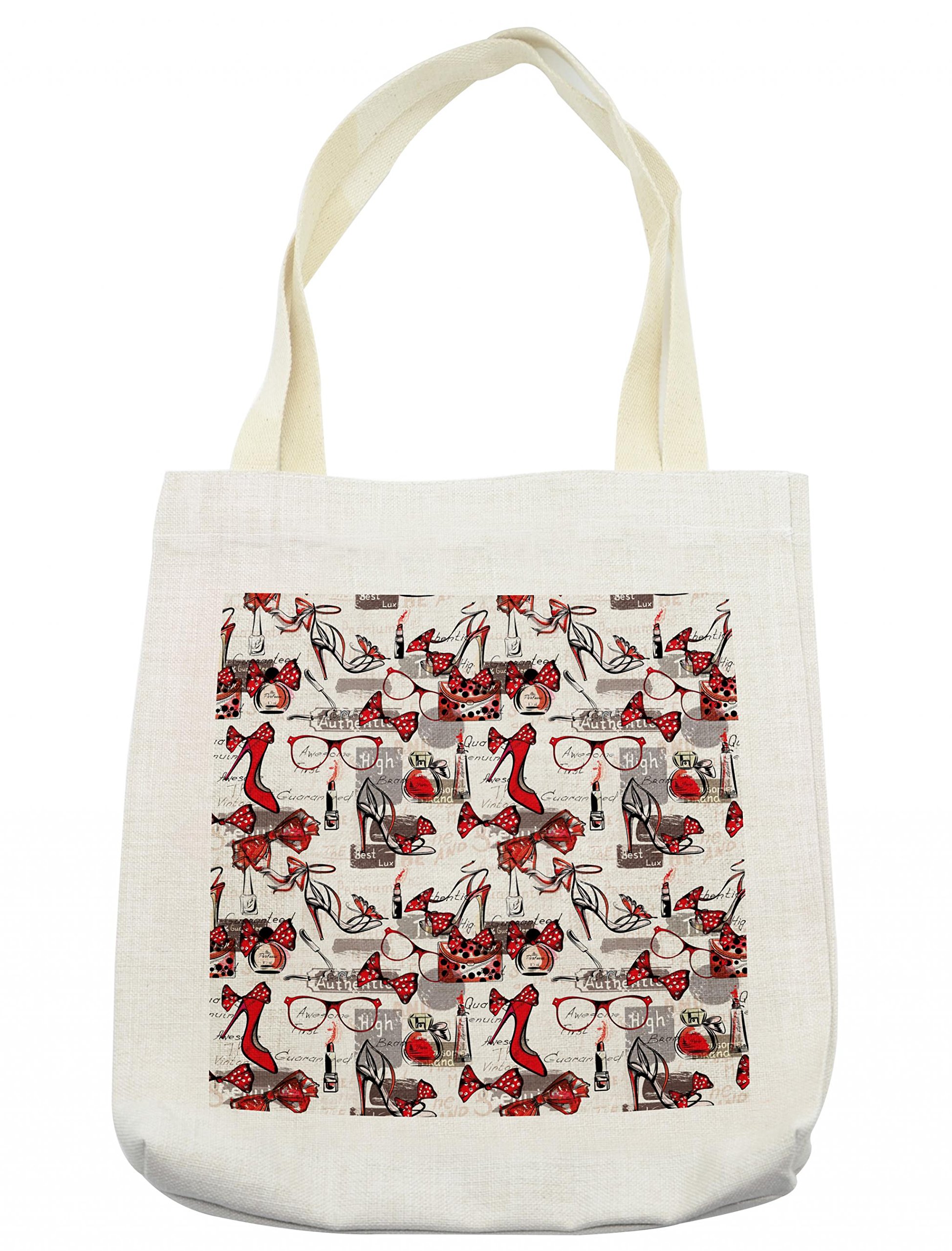 Stylish Linen Tote Bag for Women - Reusable Fashion Shopper with High Heels & Perfume Print, 16.5x14 Inch Cream Cloth Bag for Shopping, Beach, Books & Daily Use - Eco-Friendly Ribbon Design