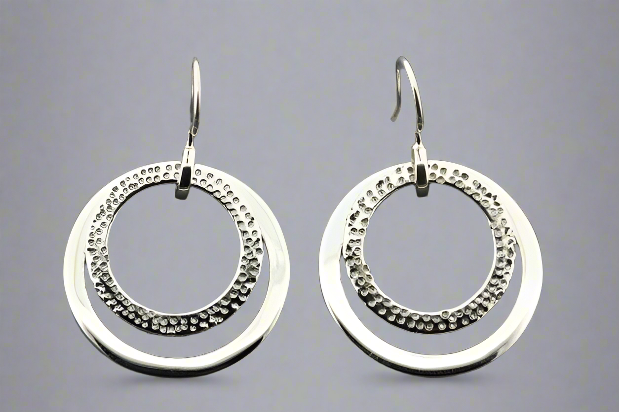 2 Loop Textured Sterling Silver Earrings for Women - Elegant Dangle Hoop Earrings for Party, Wedding & Everyday Wear