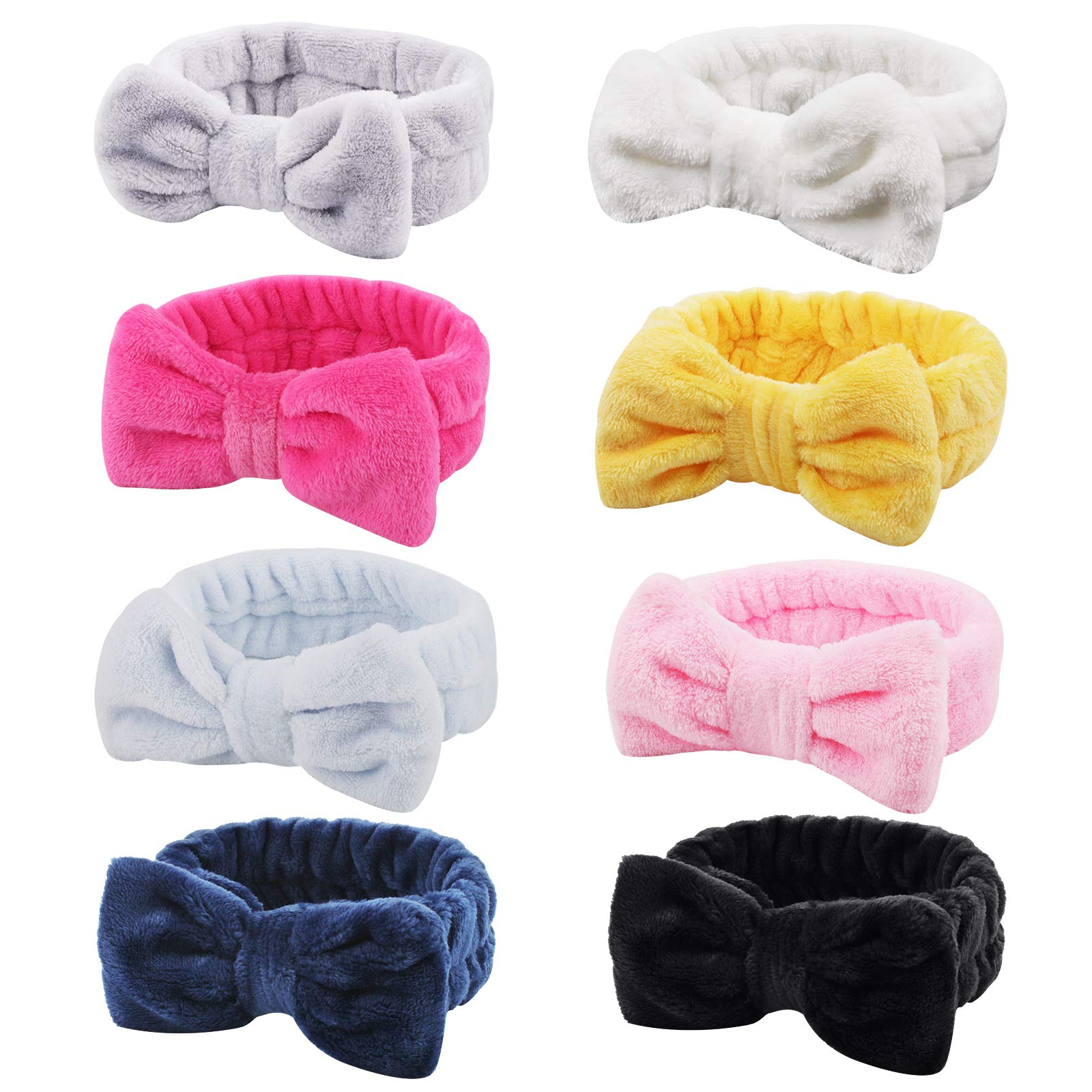 Ondder 8 Pack Spa Headbands for Women & Girls - Soft Fluffy Makeup & Facial Headbands, Solid Color Bowknot Hair Bands for Washing Face, Skincare, Shower & Spa - Perfect for Beauty Routines, Cosmetics & Relaxation
