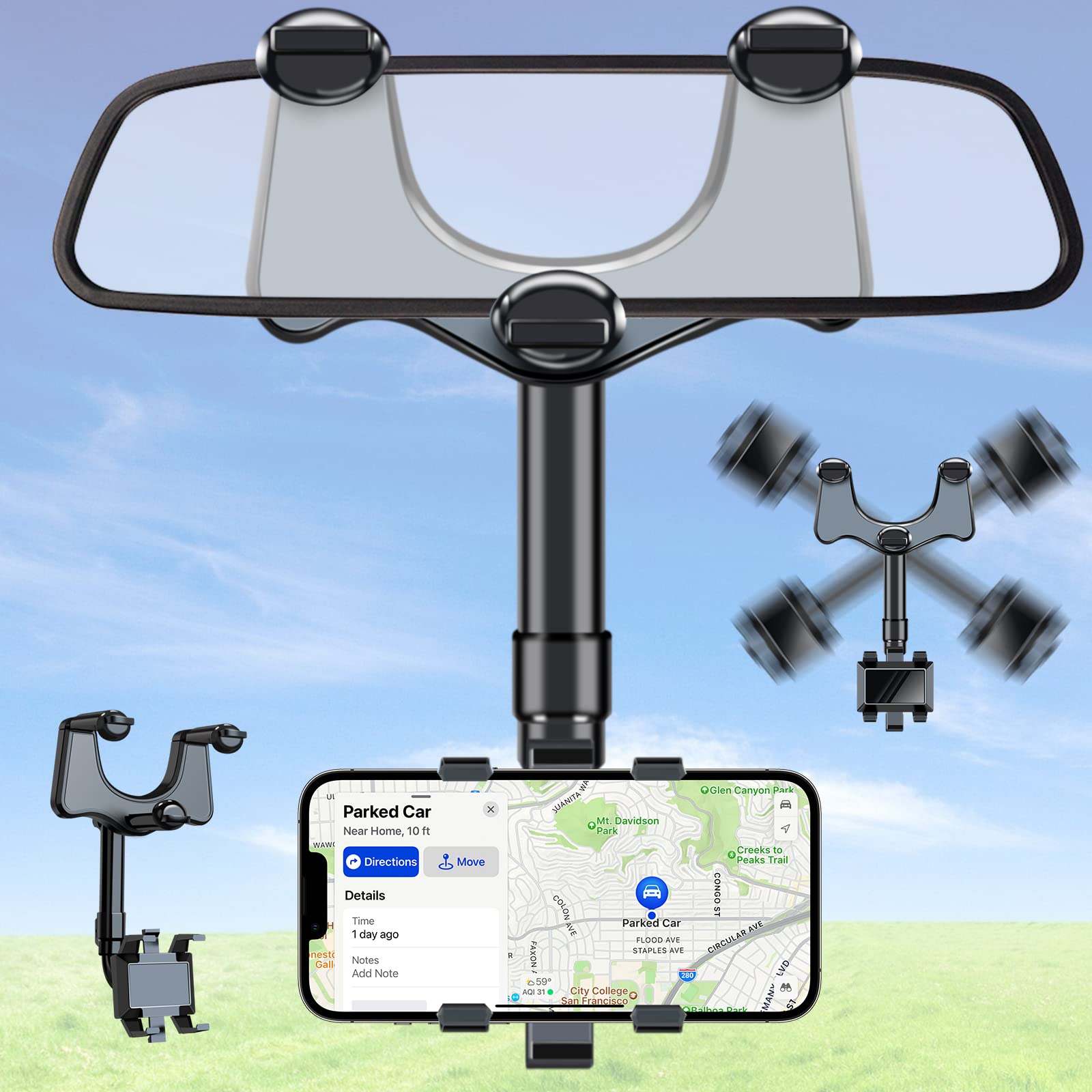 360° Adjustable Rotatable & Retractable Car Rearview Mirror Phone Mount Holder - Universal Clip-On Smartphone Cradle for iPhone Samsung Galaxy - Perfect for GPS Navigation, Ride-Sharing & Hands-Free Driving