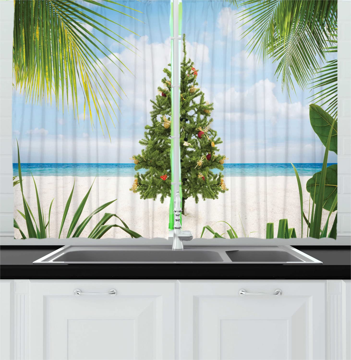 Ambesonne Christmas Long Kitchen Curtains - Tropical Island Sandy Beach Party Theme with Tree, Tinsel & Ornaments - 2 Panels Rod Pocket Drapes 55