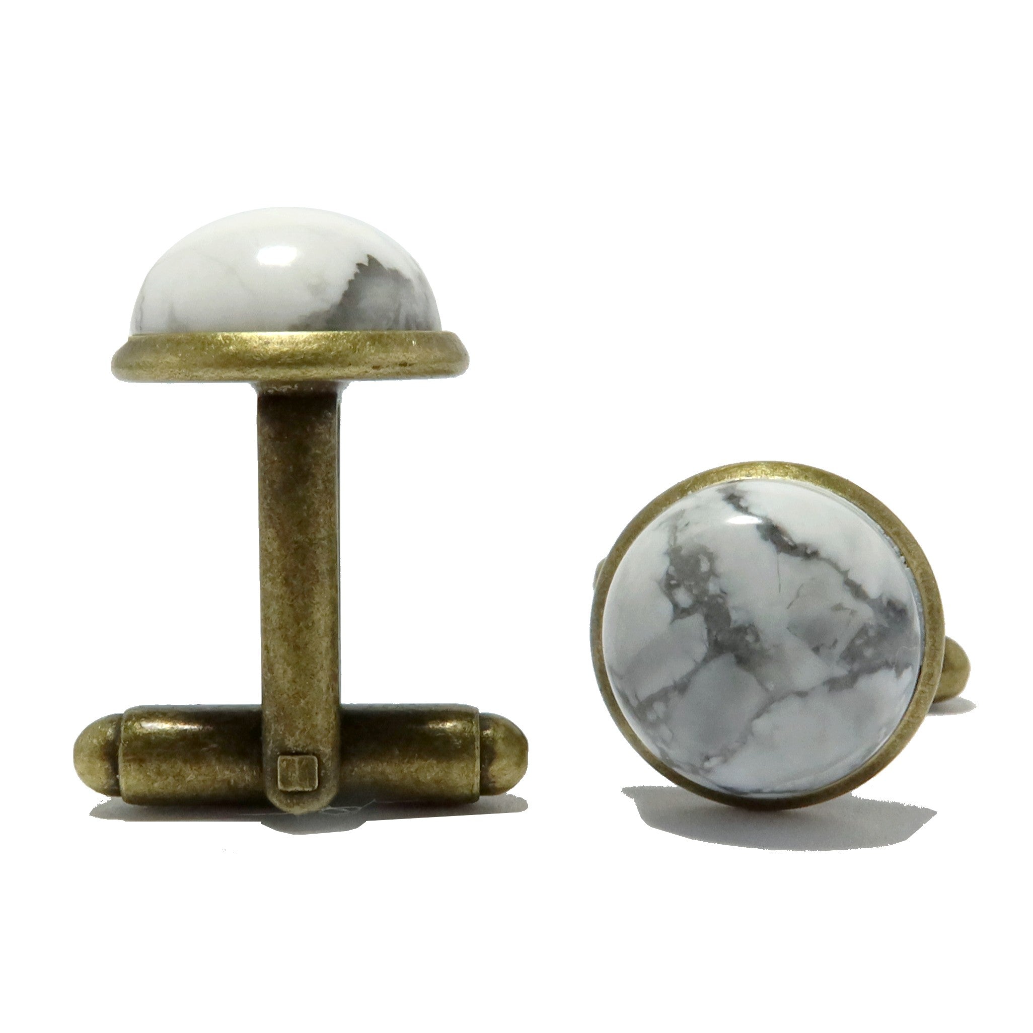 Vintage Howlite Stone Cufflinks - White Howlite with Antique Bronze Finish for Men's Formal Wear & Wedding Attire