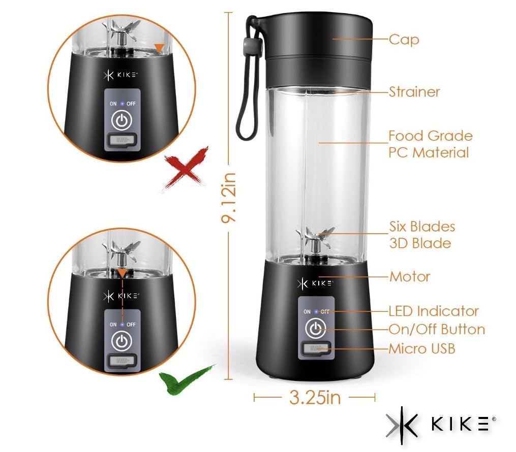 **KIKO Portable Blender - 16oz USB Rechargeable Personal Blender with 6 Blades for Smoothies, Shakes, Juices & Baby Food | Travel Cup & Lid Included | Perfect for Gym, Travel & Home Use (Black)**