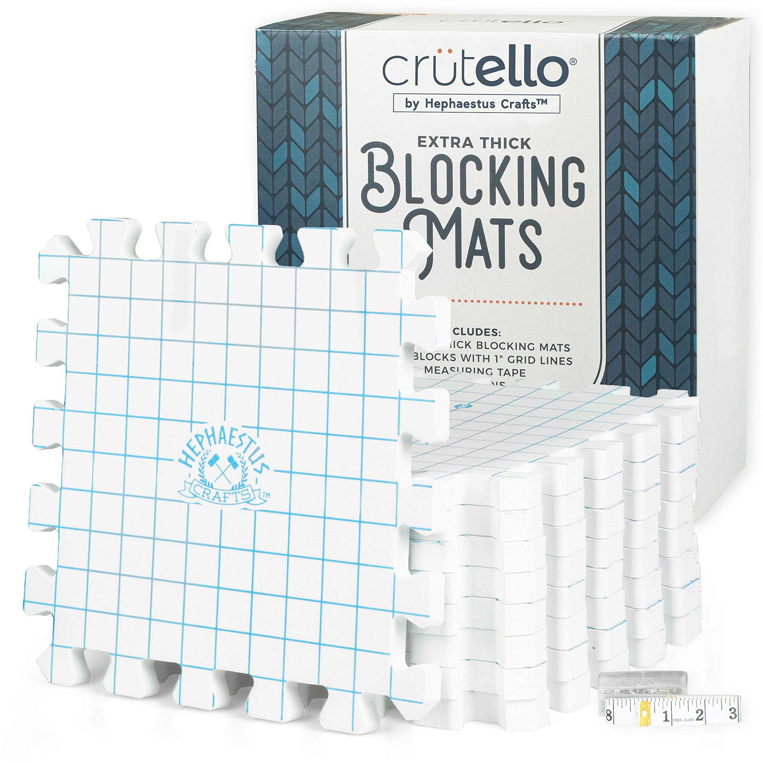 Crutello Extra Thick Knitting Blocking Mats - 9-Pack White Blocking Boards with Grids for Needlework & Crochet Projects | Includes Measuring Tape & 150 T-Pins | Perfect for Blocking Shawls, Sweaters & Handmade Fiber Arts