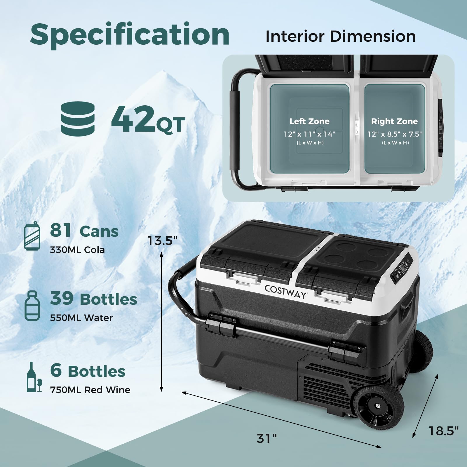 COSTWAY 42-Quart Portable Car Refrigerator with Wheels - Dual Zone Electric Cooler & Freezer for RV, Camping, Road Trips (12V/24V DC, 100-240V AC, -4°F to 68°F) - Perfect for Picnics, Beach Outings & Tailgating Parties - Black