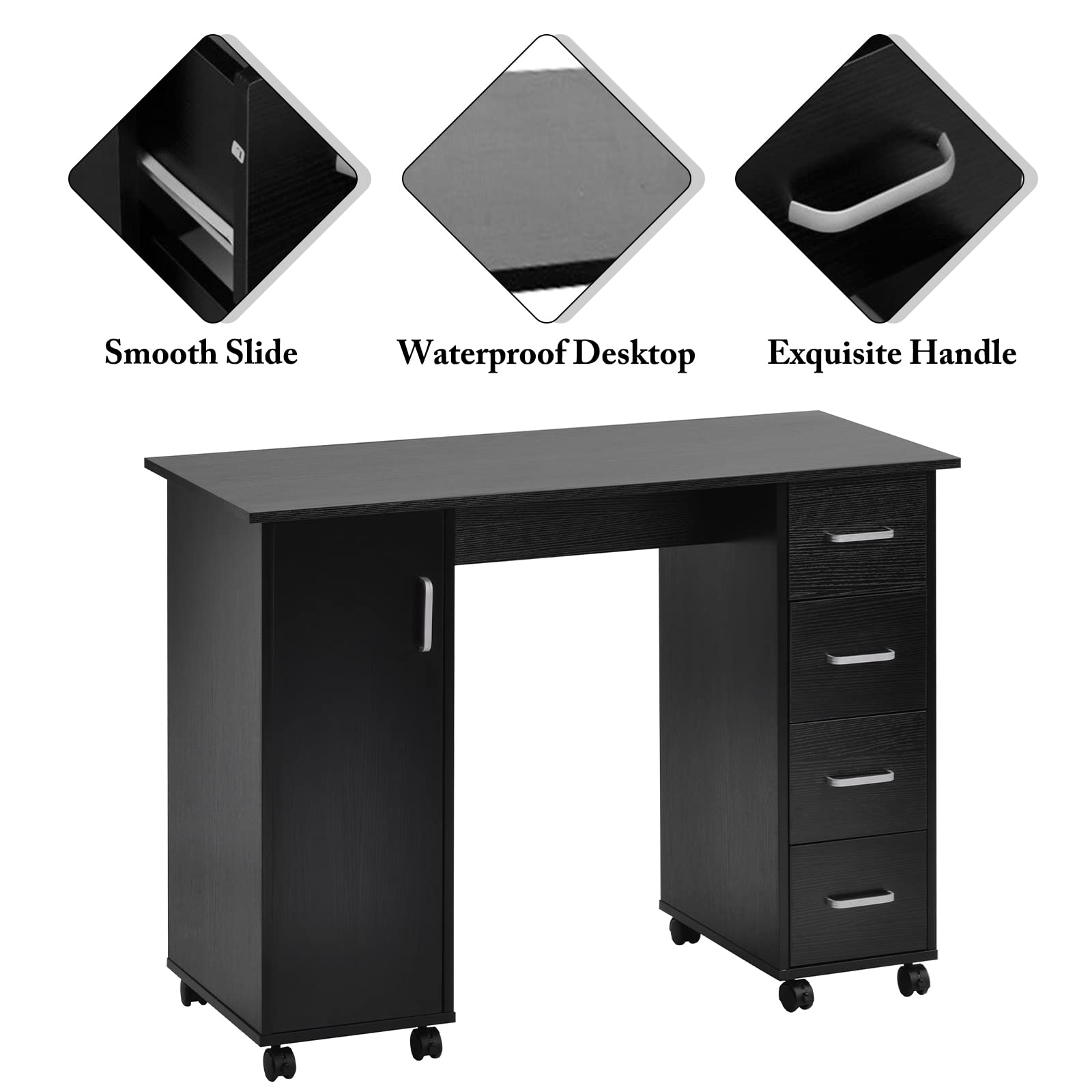 Professional SSLine Manicure Nail Table Station with Wheels - Portable Nail Salon Desk with 4 Drawers & Cabinet - Black Beauty Spa Workstation for Nail Art & Pedicure - Perfect for Home Salons, Spas & Professional Nail Technicians