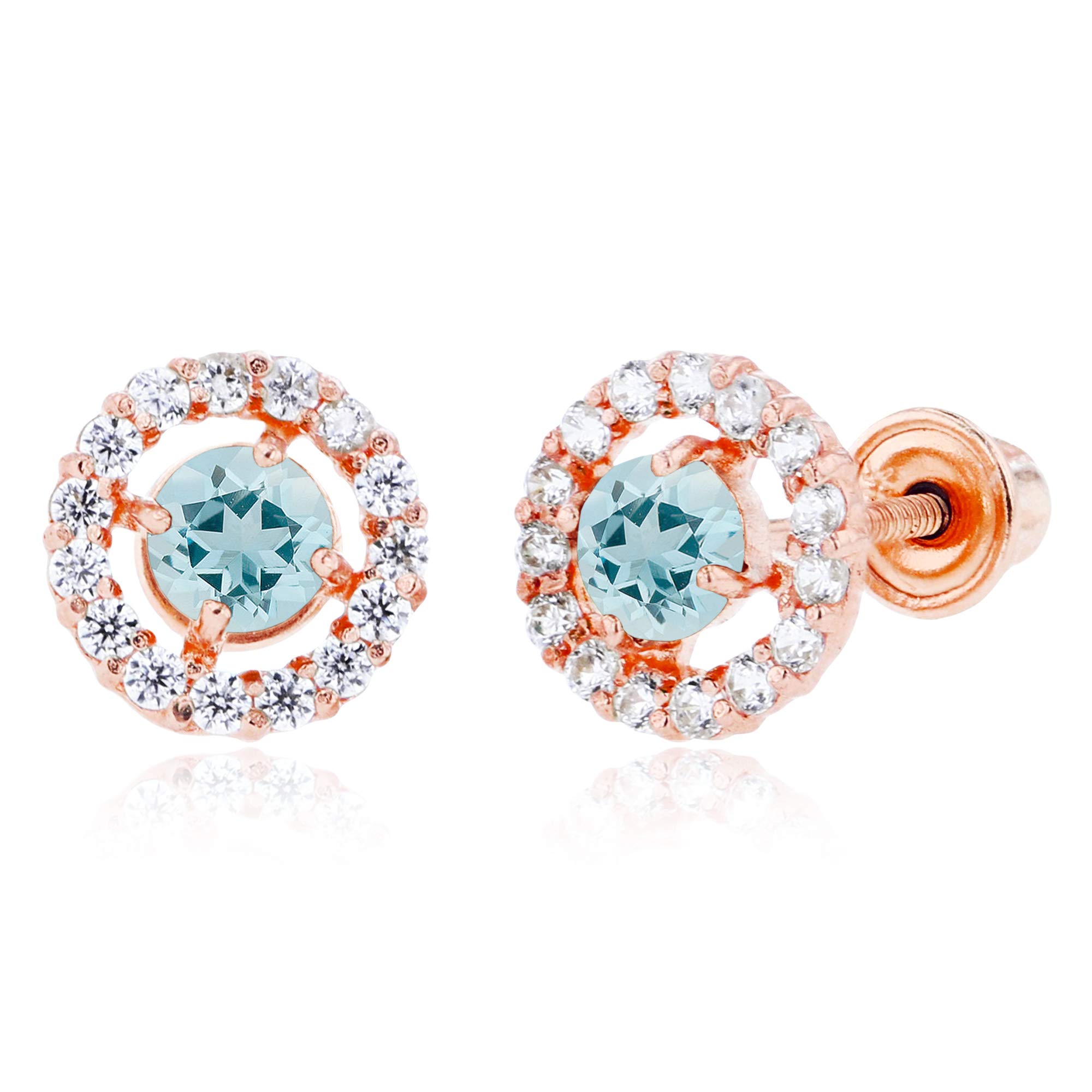 14K Solid Gold 6mm Halo Natural Birthstone Screwback Stud Earrings for Women | 3mm Round Birthstone | 1mm White Sapphire Halo Earrings | Perfect for Birthdays, Anniversaries & Everyday Elegance