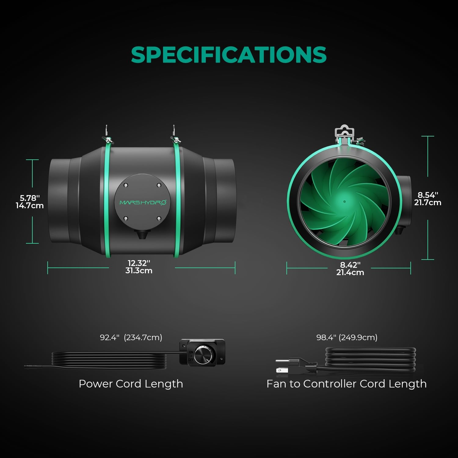 MARS HYDRO 6 Inch Inline Fan with Variable Speed Controller - 402 CFM Quiet & Efficient Adjustable Duct Fan for Grow Tents, Hydroponics, Cooling Booster - Perfect for Home Ventilation, Greenhouse Exhaust & Indoor Air Circulation