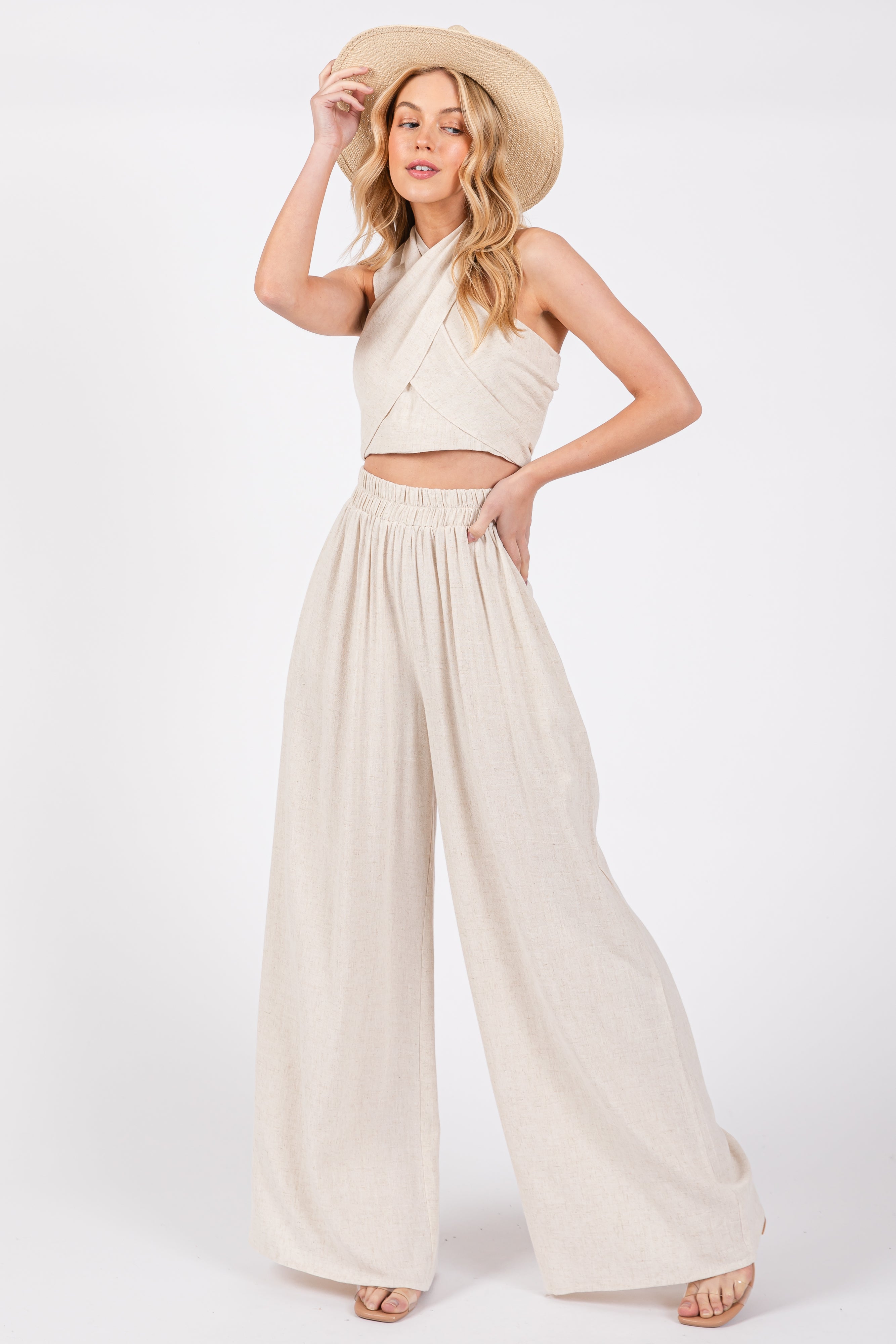 Beige Linen Smocked Top and Pants Set for Women - Summer Casual Outfit | Perfect for Beach Vacation, Brunch Dates & Boho Chic Style