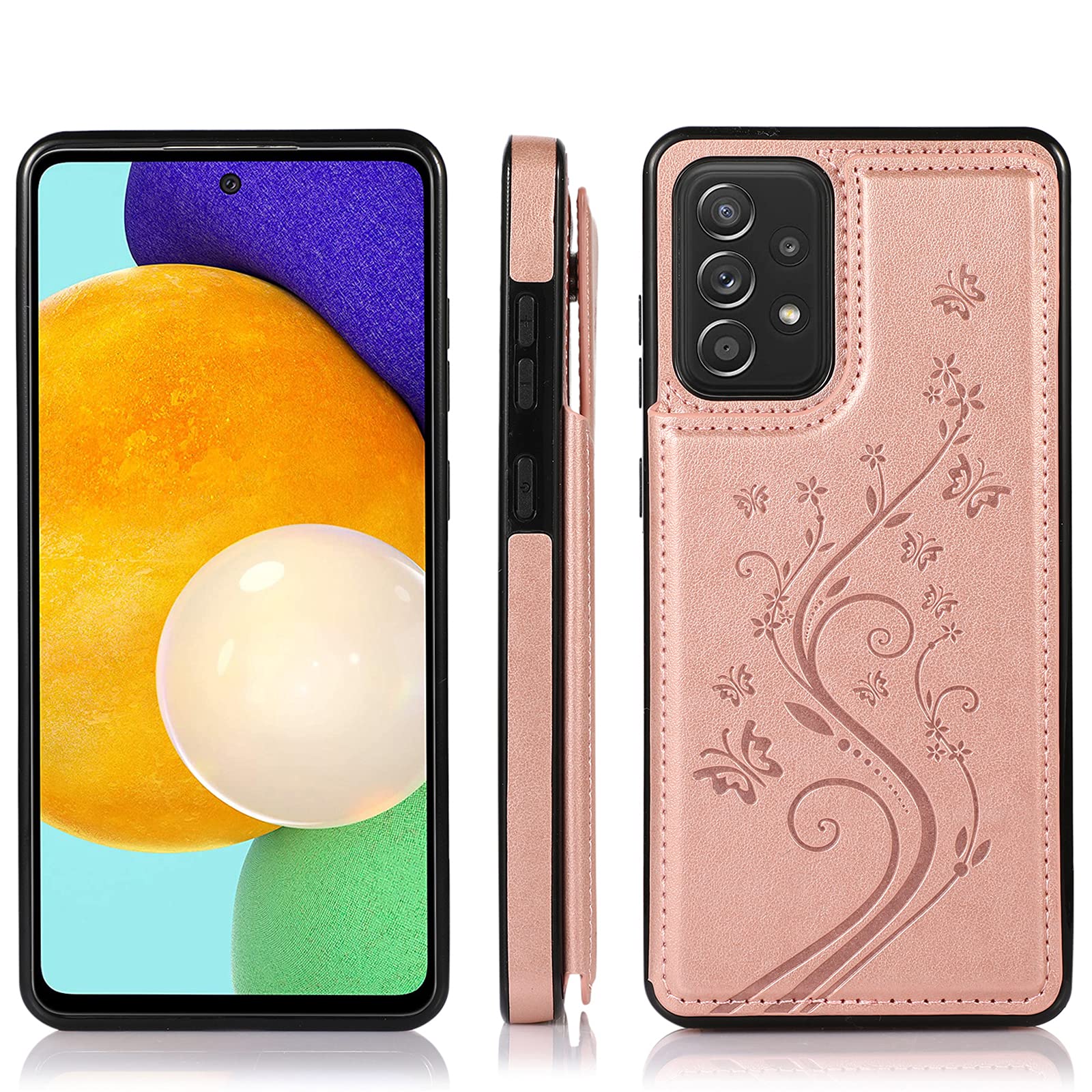 Samsung Galaxy A52 5G/4G Phone Case with Tempered Glass Screen Protector - Wallet Flip Leather Cover with Card Holder & Stand - Rose Gold Women's Design for Everyday Protection & Style