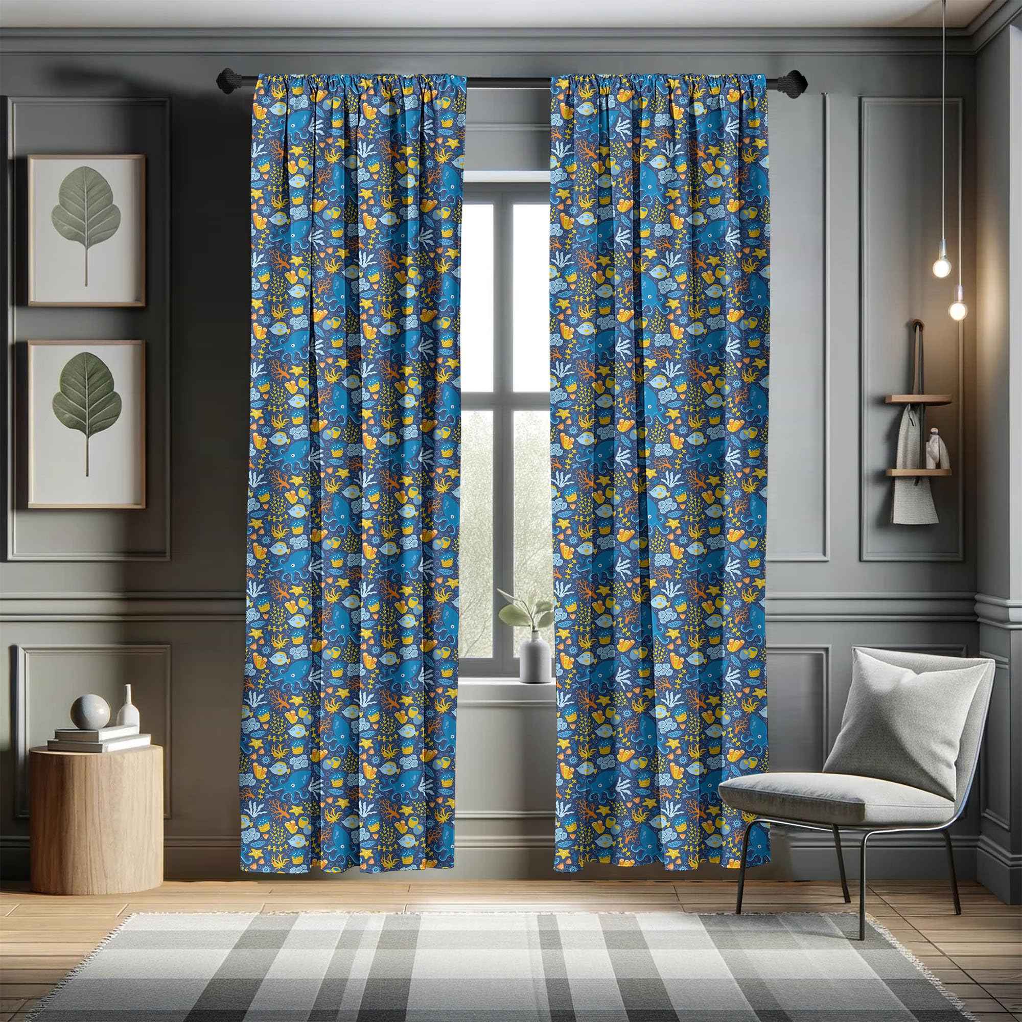 Ambesonne Nautical Curtains - Blue Octopus Fish Coral Marine Wildlife Print Window Panels (28
