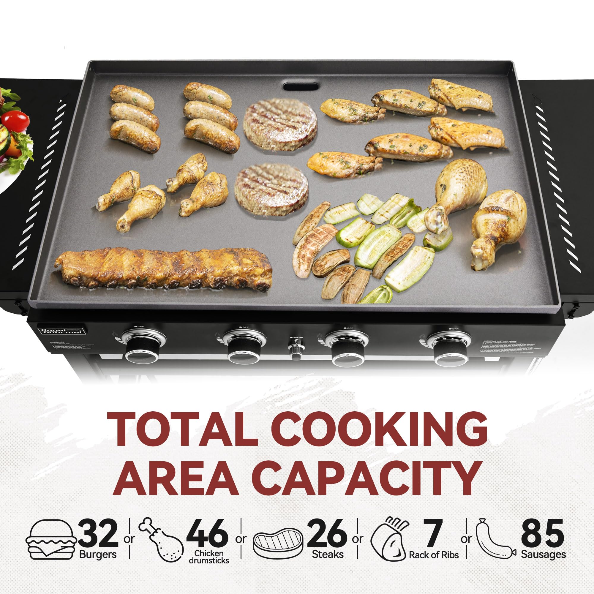 Royal Gourmet GB4001C-N 35 Inch 4-Burner Propane Gas Griddle with Cover - 52,000 BTU Outdoor Flat Top Grill with Foldable Side Tables - Perfect for Backyard BBQs, Tailgating & Camping - Black