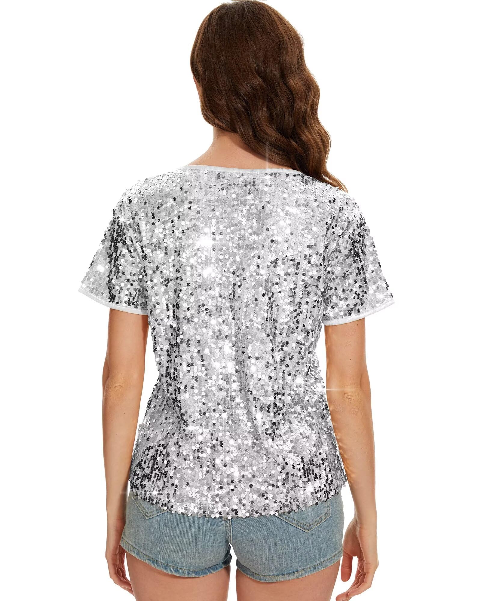 Sparkly Sequin Short Sleeve Top for Women - Glitter Shimmer Shirt for Concerts, Parties & Night Out | Disco Clubwear & Festive Occasion Outfit