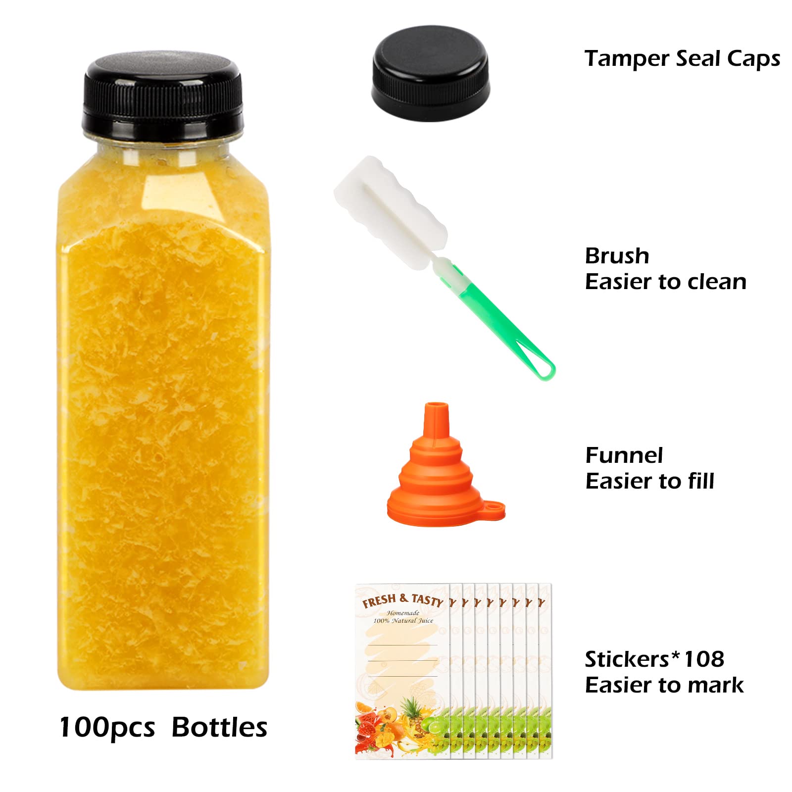 BAKHUK 100-Pack 12oz Clear Reusable Plastic Juice Bottles with Lids - Leak-Proof Drink Containers for Juice, Milk, Smoothies, Tea, DIY Beverages - Includes Free Labels, Cleaning Brush & Funnel - Perfect for Home, Restaurant, Party & Meal Prep