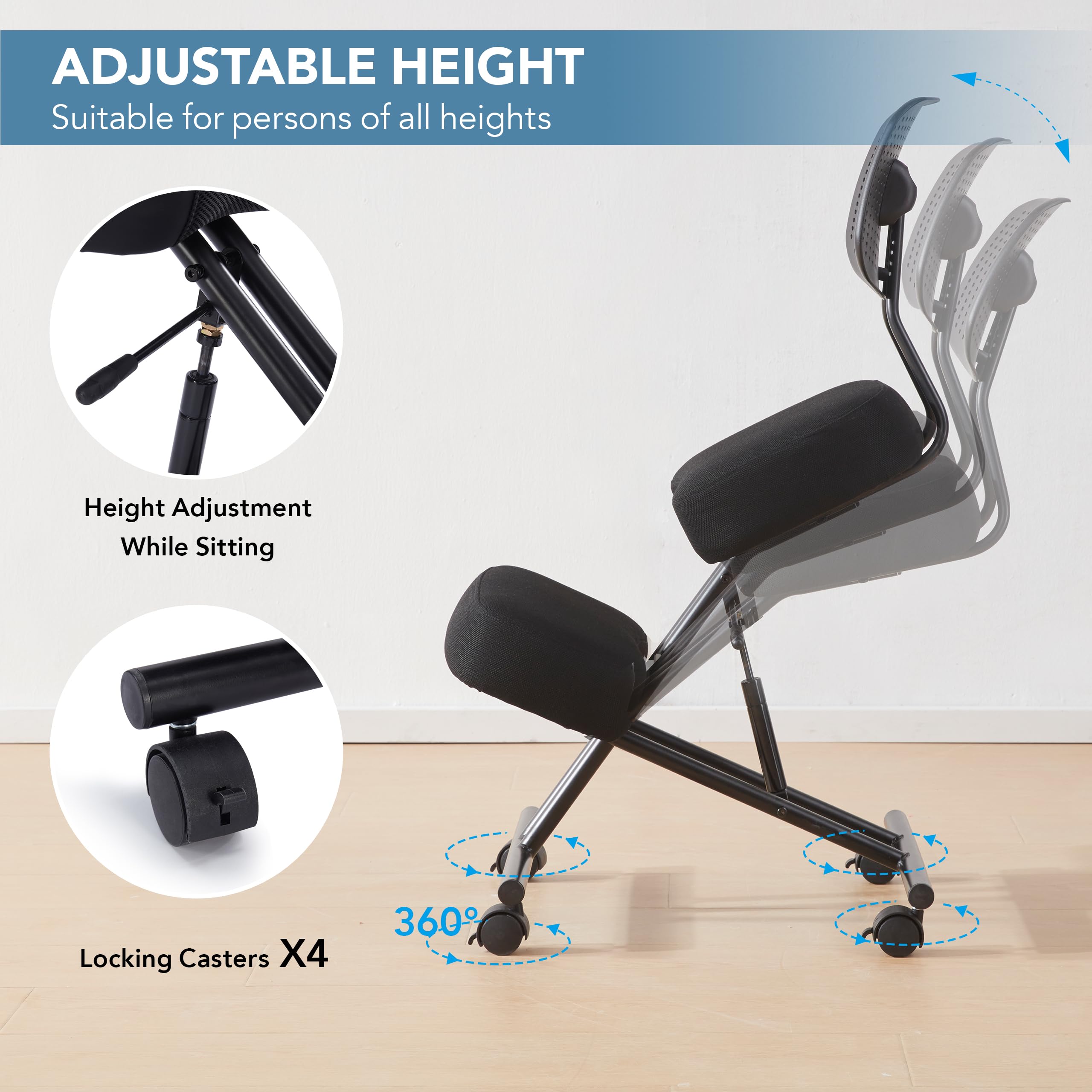 Ergonomic Kneeling Chair with Back Support - Adjustable Posture Stool for Office & Home Use, Black Linen Fabric with Brake & Gliding Casters - Relieves Back Pain, Improves Posture | Perfect for Home Office, Meditation & Reading Nook