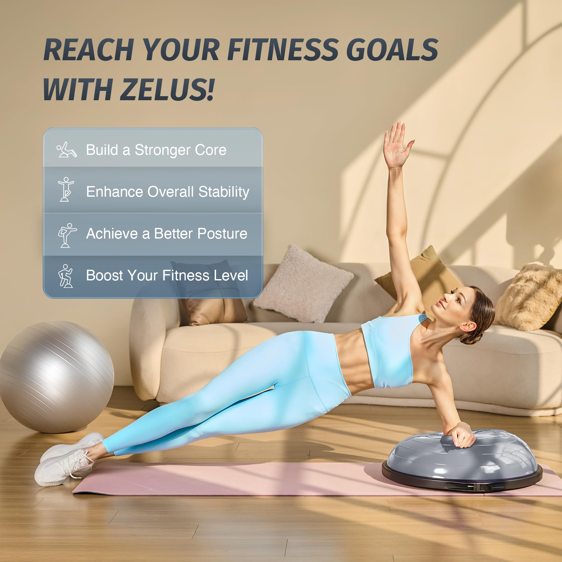ZELUS 25-Inch Balance Ball – 660lb Capacity Inflatable Half Exercise Ball with Non-Slip Base | Wobble Board Balance Trainer for Core Strength & Stability | Includes 2 Resistance Bands, Pump & Extra Ball | Perfect for Yoga, Pilates, Home Gym & Physical Therapy Workouts