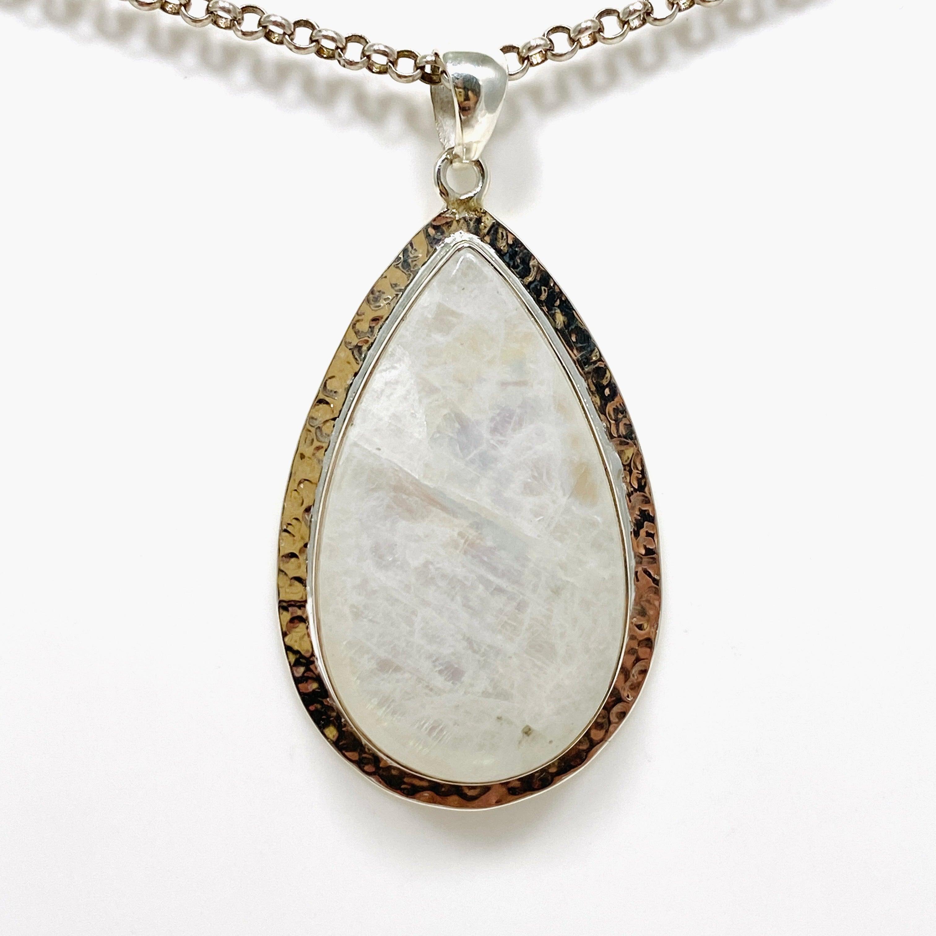 Moonstone Teardrop Pendant Necklace with Hammered Silver Detailing - Elegant Boho Jewelry for Women, Perfect for Weddings & Special Occasions | KPGJ4251