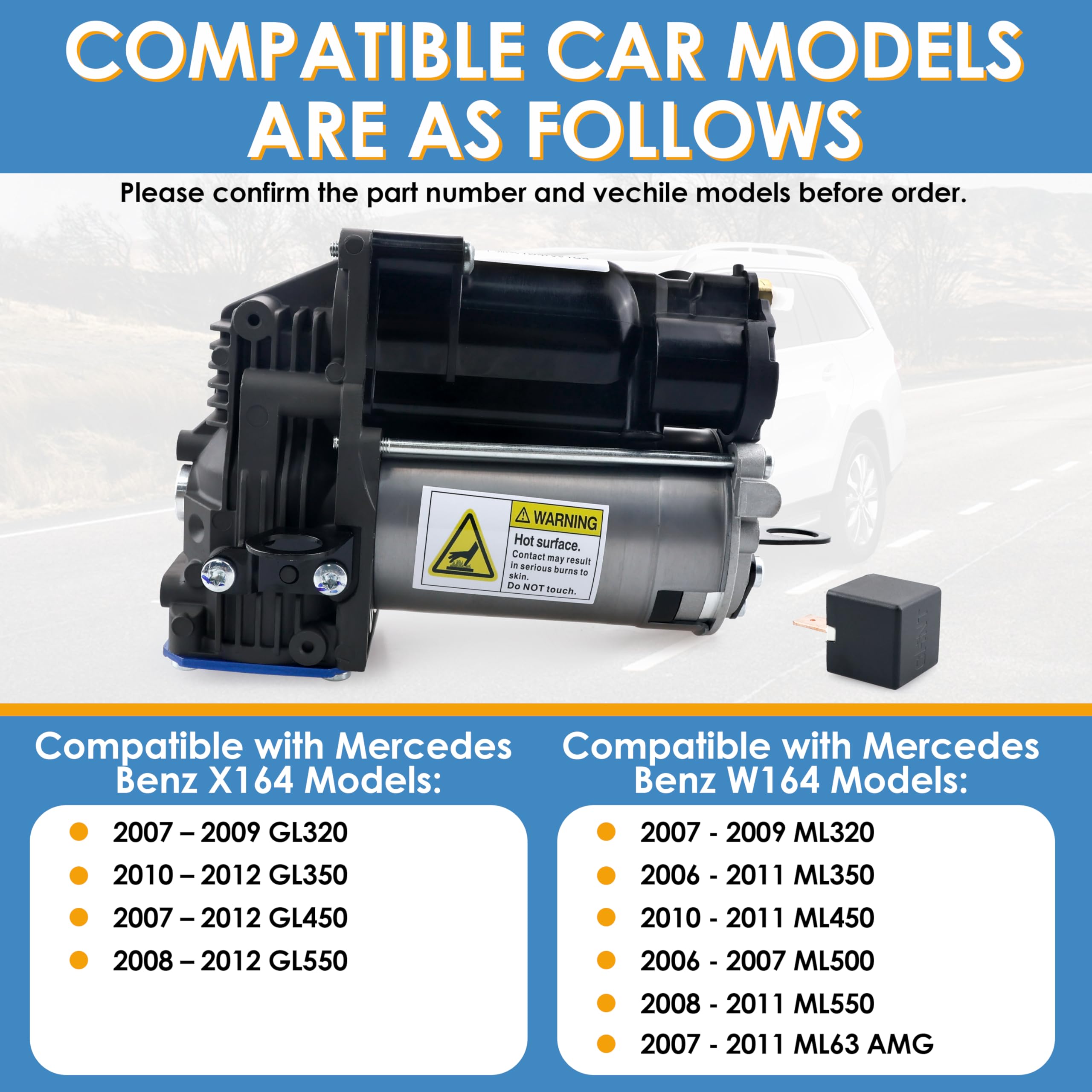 Mercedes Benz W164 X164 Air Suspension Compressor Pump Replacement (2006-2012 Models) - Compatible with GL320 GL350 GL450 GL550 ML320 ML350 ML450 ML500 ML550 ML63 AMG - OEM Part# 1643201204 1643200004 1643200304 - Perfect for Off-Roading & Luxury SUV Suspension Repair