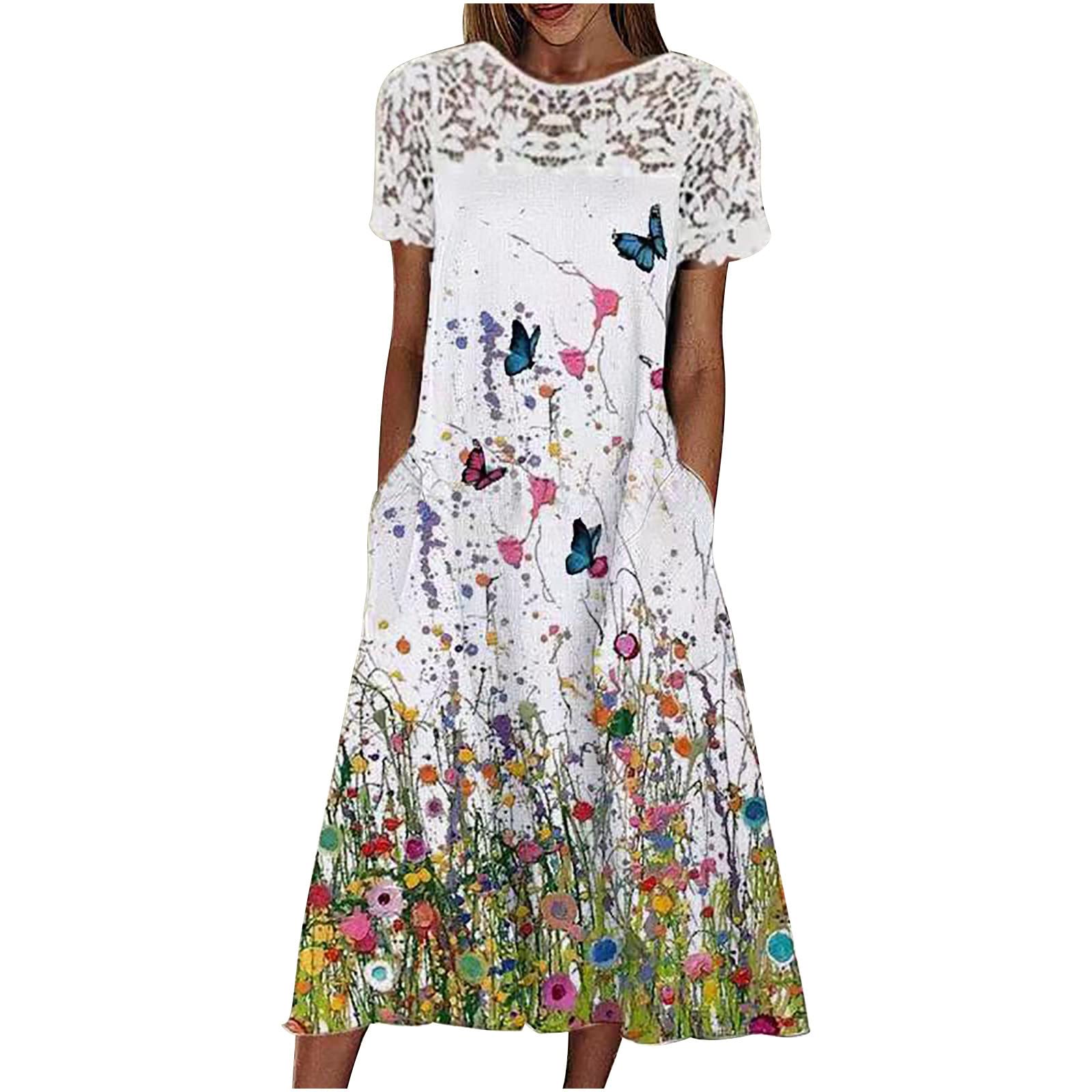 Women's Summer Casual Sun Dress - Crew Neck Short Sleeve Lace Floral Maxi Dress for Wedding Guest, Beach Vacation & Outdoor Events