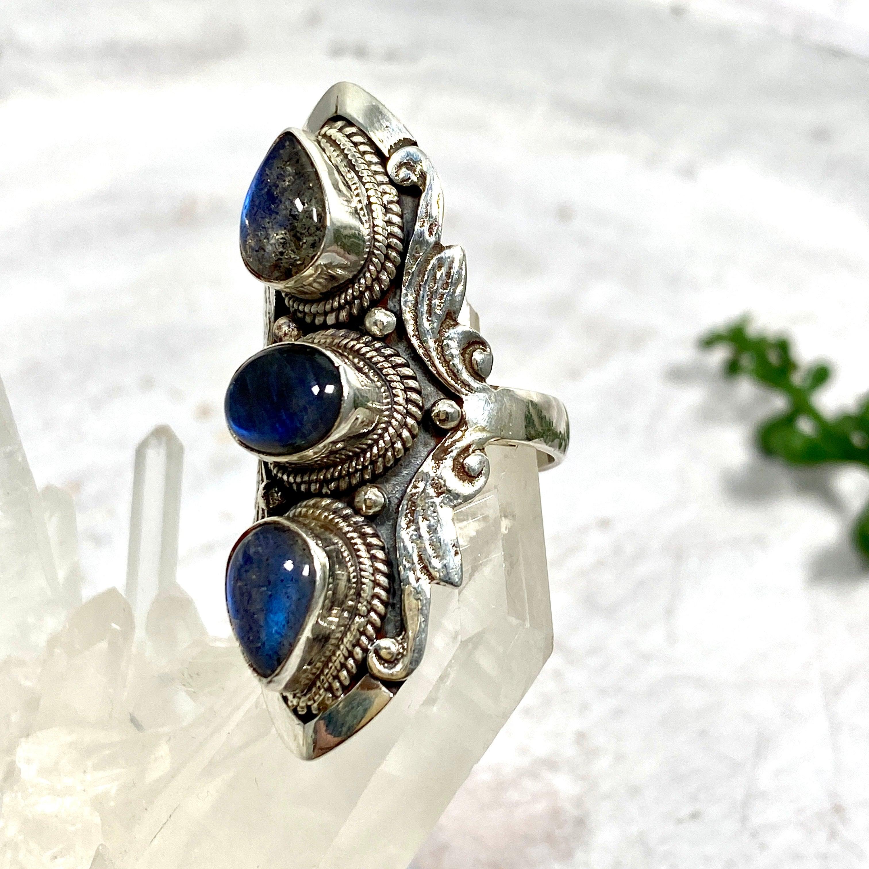 Boho Style Labradorite Multi-Stone Ring Size 7.5 - Handmade Sterling Silver Adjustable Statement Jewelry for Women, Perfect for Festivals, Weddings & Boho Fashion